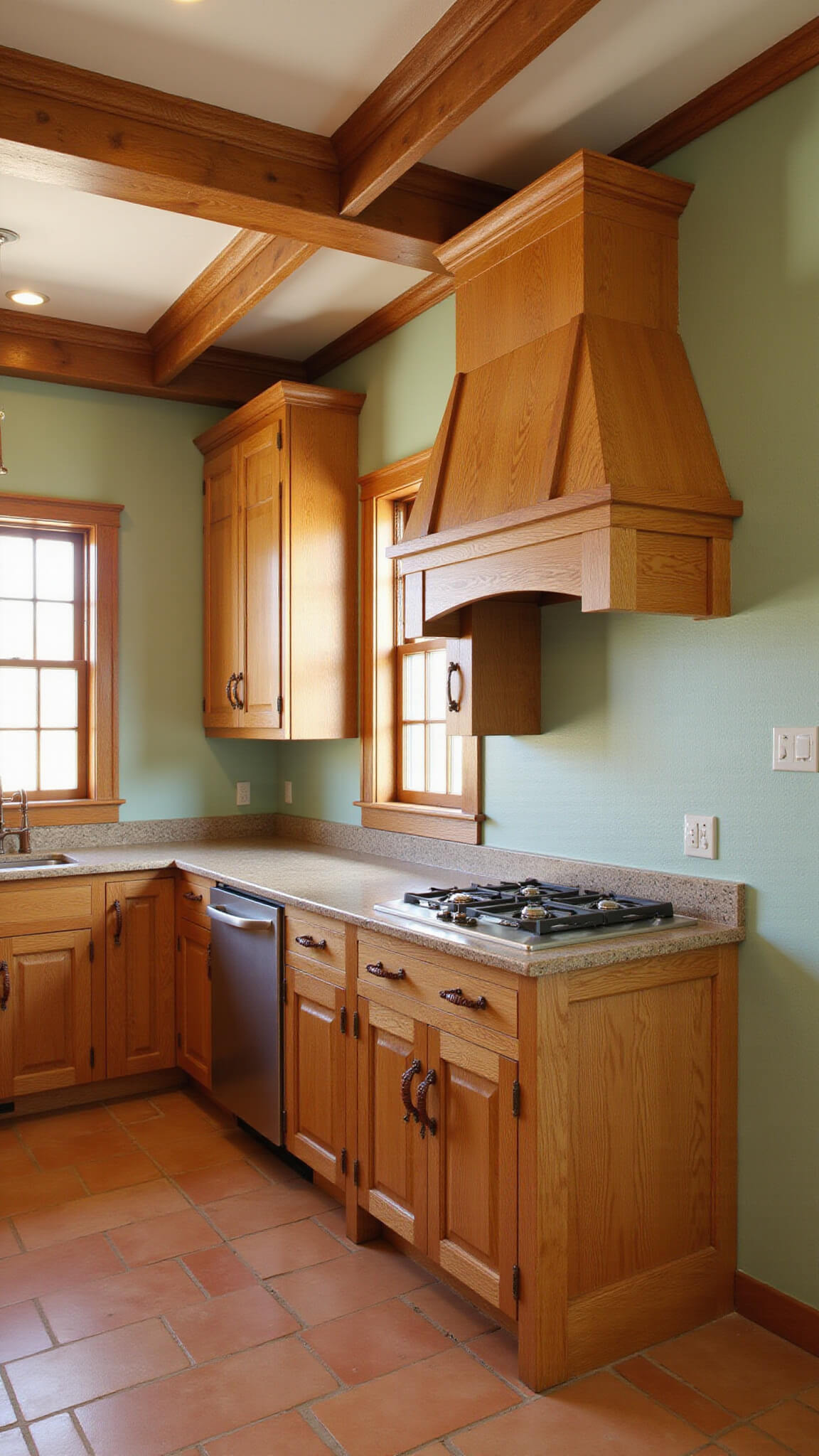 Craftsman-style kitchen with oak cabinets, copper hardware, terra cotta tiles, and exposed wooden beams lit by morning light.