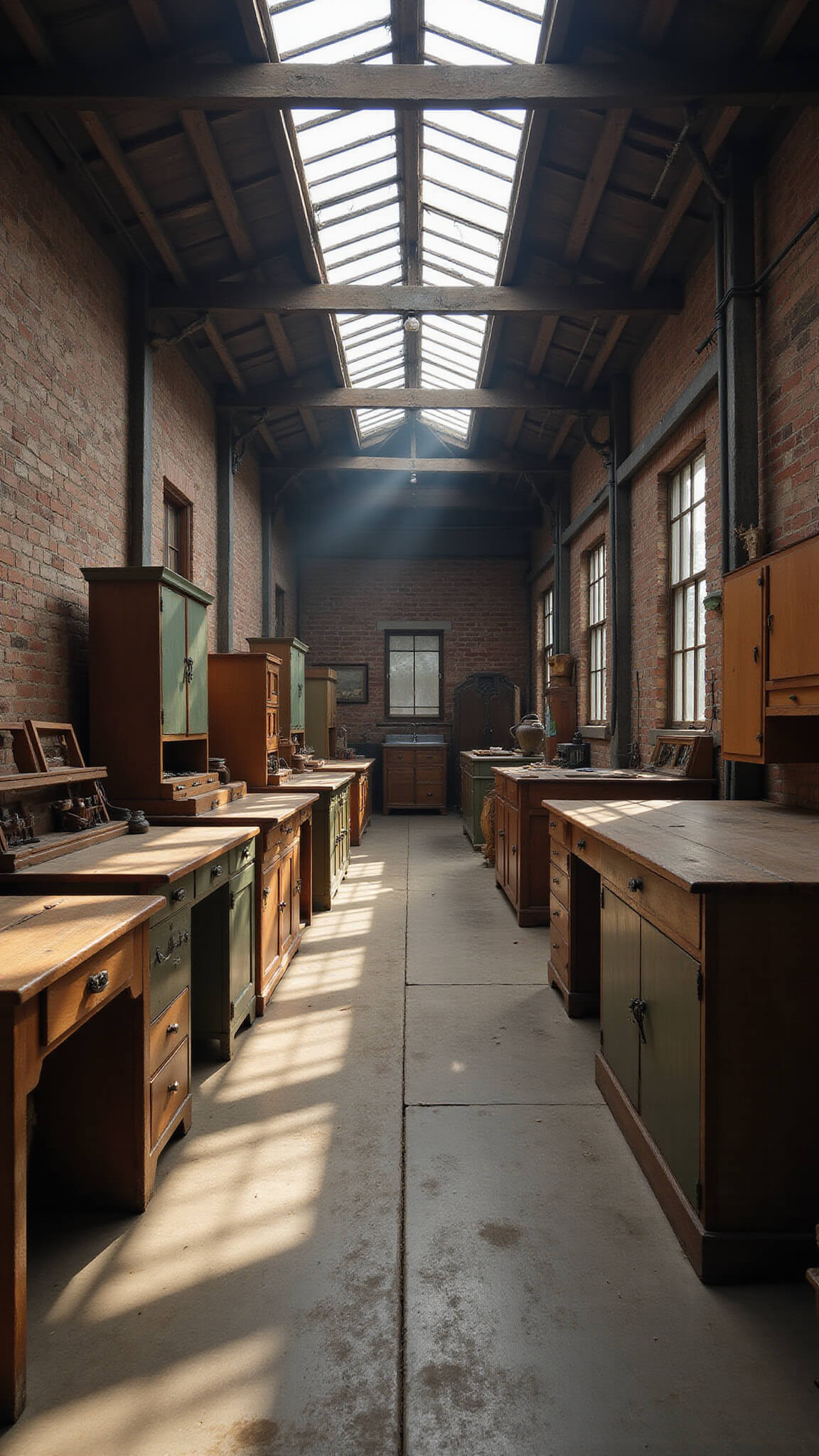 Vintage salvage warehouse with rustic floors and brick walls, featuring a pine Hoosier cabinet under dramatic skylight shadows.