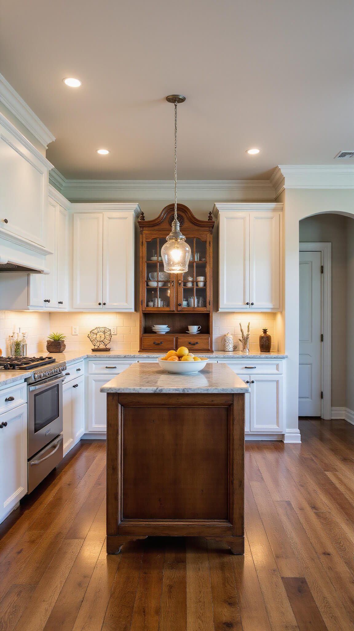 Modern eclectic kitchen with antique Victorian glass-front cabinet as island, surrounded by white contemporary cabinetry, marble counters, stainless appliances, and mixed warm and cool lighting.