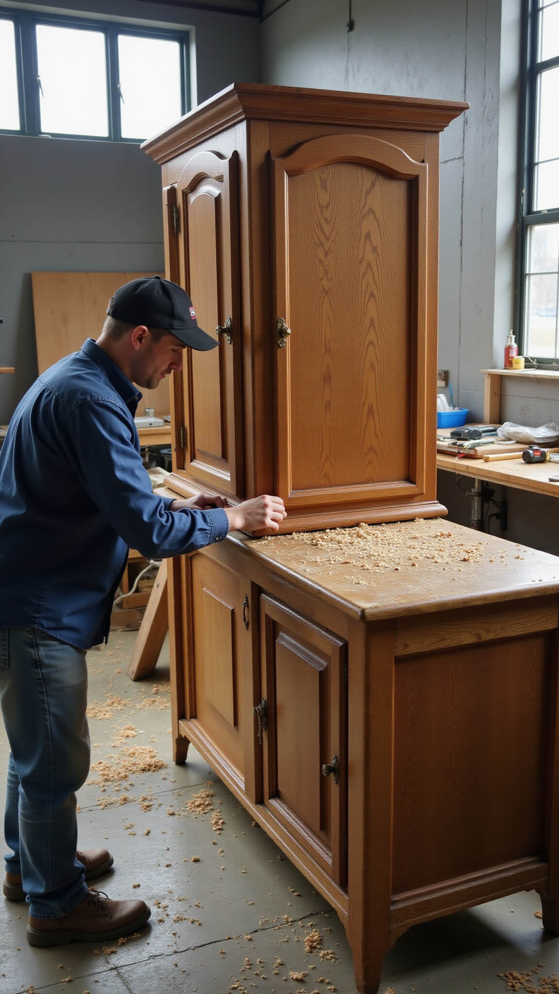 Craftsman restoring oak cabinet hardware in sunlit workshop with tools and wood shavings on workbench.