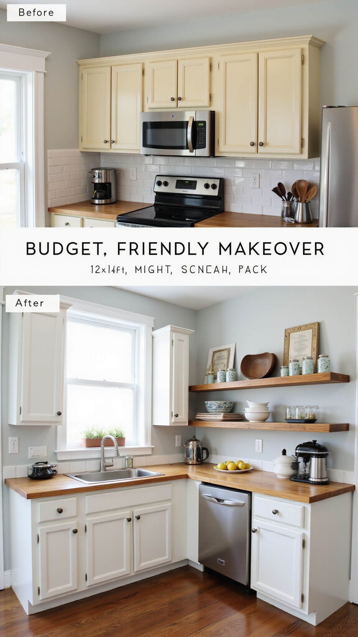 Charming budget-friendly 12x14ft kitchen makeover with distressed chalk-painted cabinets, vintage knobs, open shelving with antique kitchenware, modern appliances, subway tile, butcher block counters, soft grey walls, and white trim in natural afternoon light.