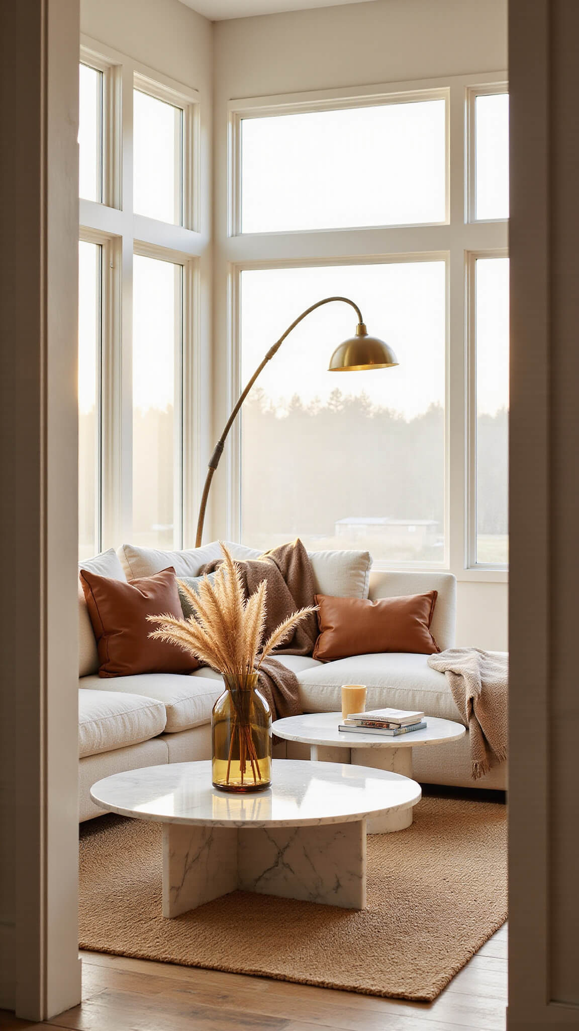 Modern, sunlit living room with cream bouclé sectional, cognac leather pillows, marble coffee table, pampas grass, jute rug, and brass floor lamp.