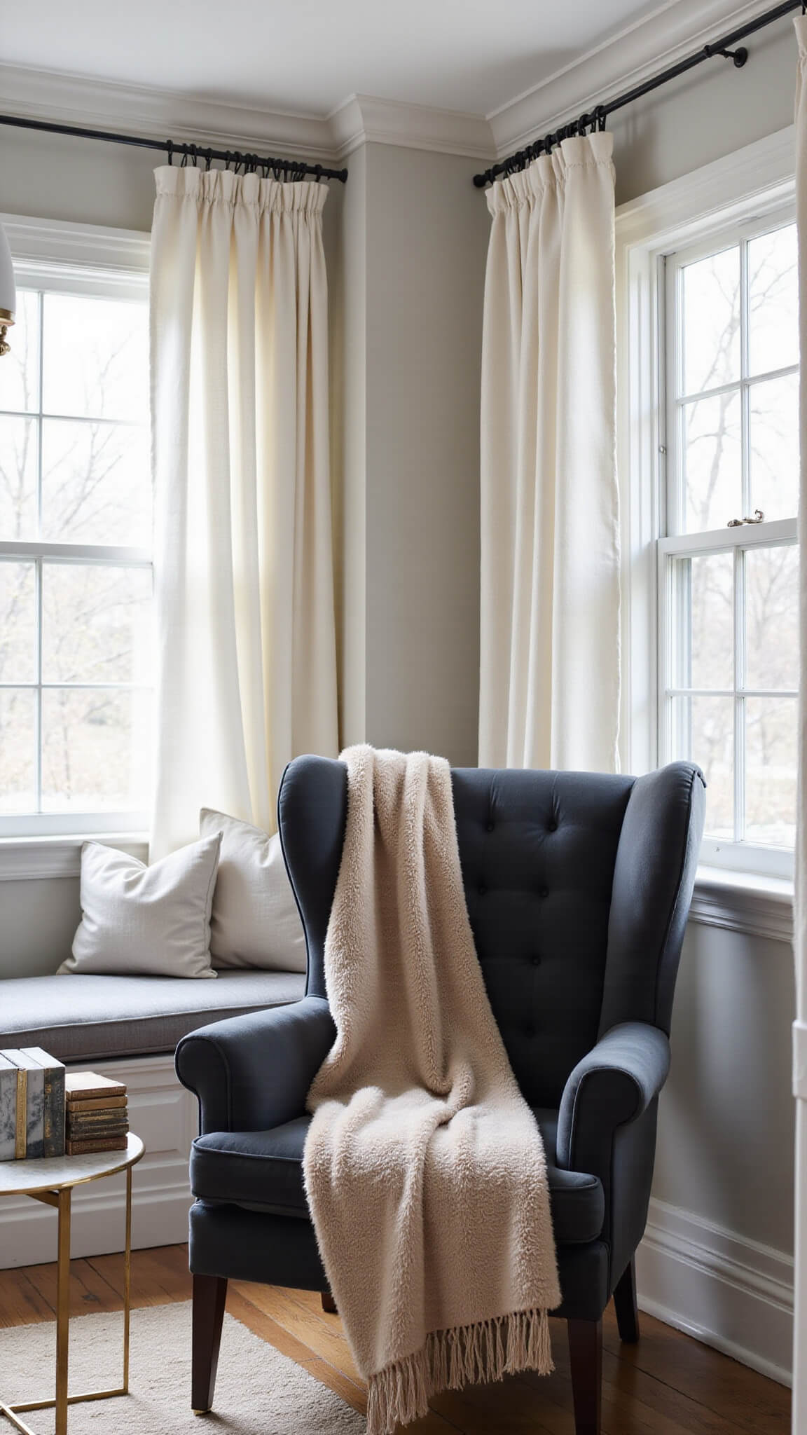 Cozy corner reading nook with window seat, charcoal velvet wingback chair, brass side table, faux fur throw, vintage books, and warm morning light through sheer curtains.