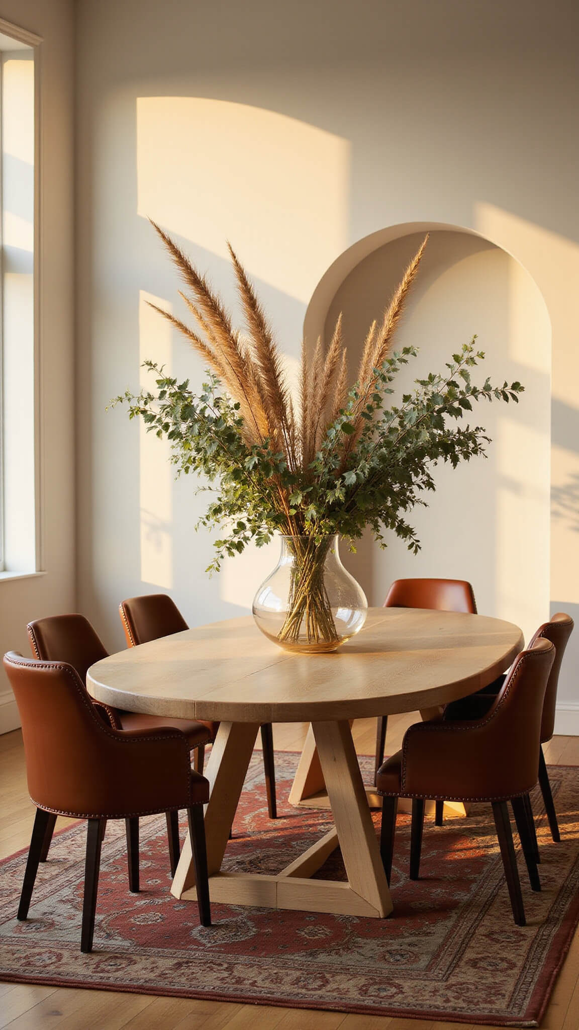 Open concept dining room with modern oval bleached oak table, cognac leather chairs, oversized glass vase centerpiece, vintage terra cotta Persian rug, and golden hour lighting casting dramatic shadows.