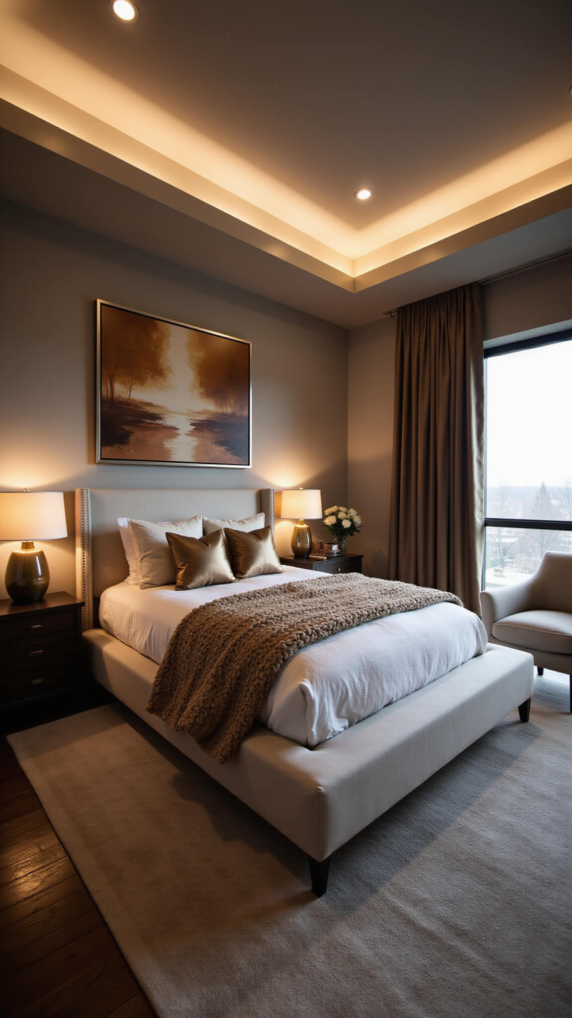 Master bedroom with tray ceiling at dusk, featuring platform bed with ivory headboard, caramel and cream throws, metallic pillows, abstract earth-toned art above bed, and ambient uplighting creating a serene atmosphere.