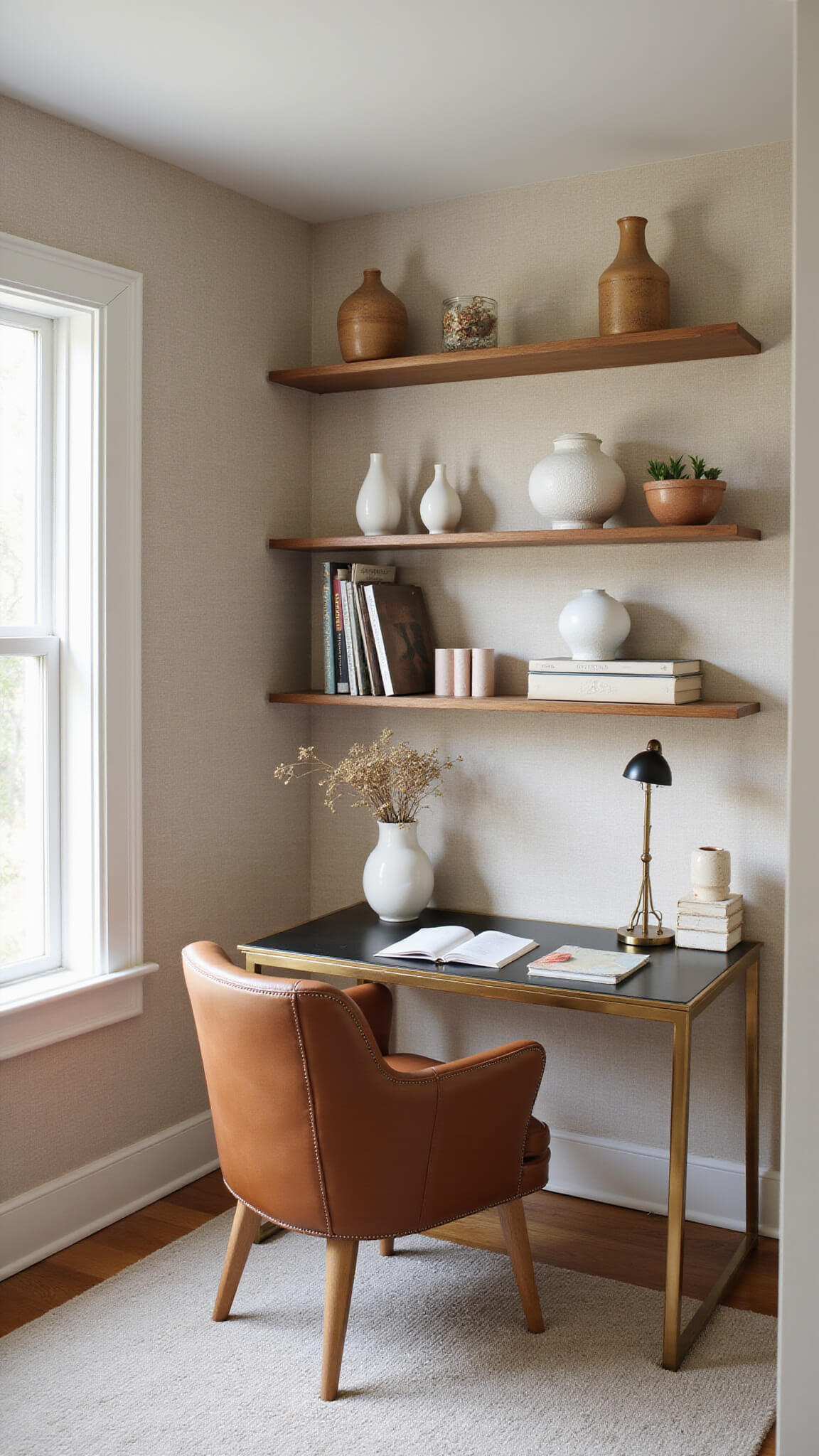 Cozy 10x12ft home office nook with brass and glass desk, cognac leather chair, built-in shelving, and warm greige textured wallpaper, lit by morning light from east-facing windows.