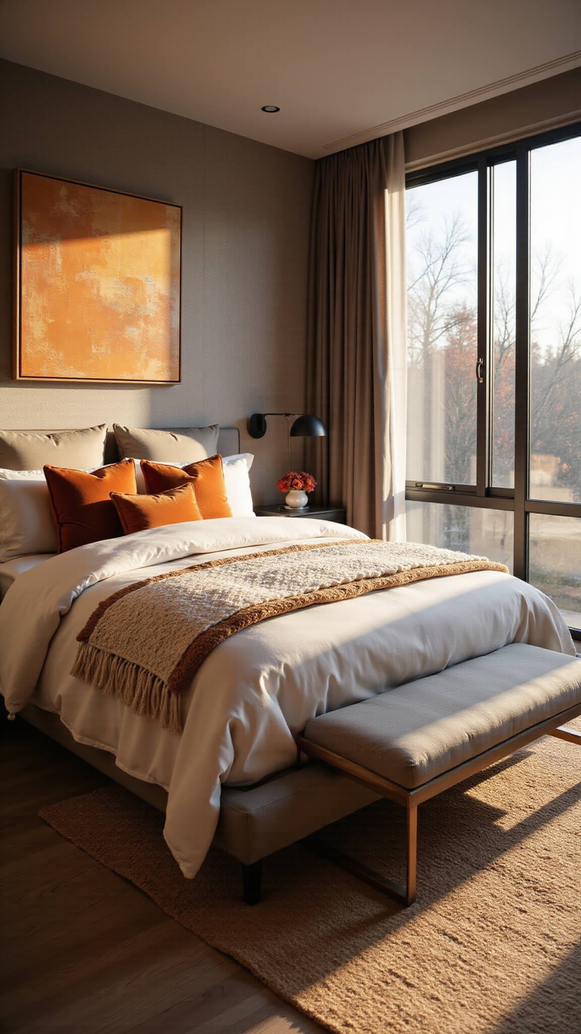 Modern 14x16ft bedroom with floor-to-ceiling windows, golden hour lighting, cream platform bed with ivory knit throw, burnt orange pillows, taupe wallpaper, jute rug layered with Persian runner, and matte black sconces beside amber-toned abstract art.