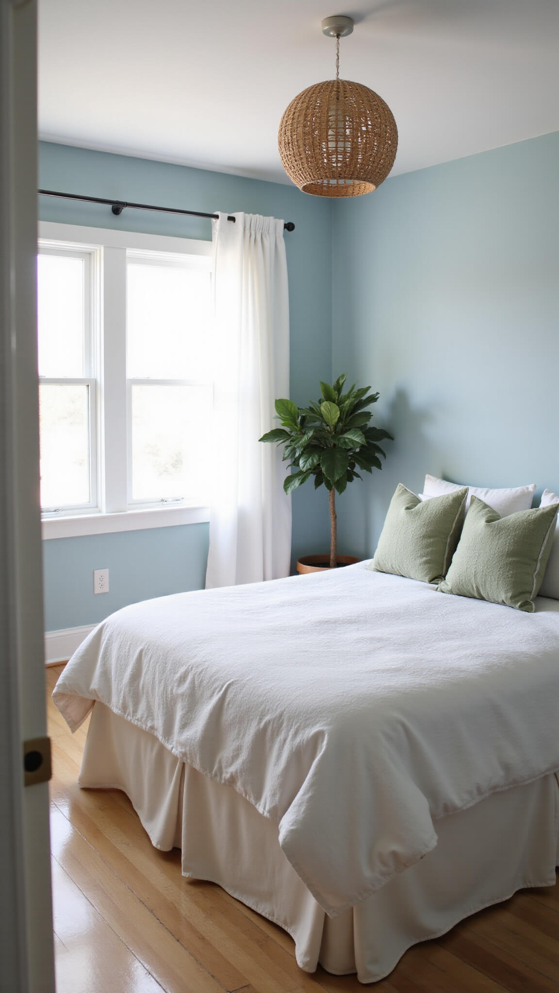 Airy 12x14ft bedroom with pale blue walls, white trim, sheer curtains, queen bed with white duvet and green pillows, rattan pendant, fiddle leaf fig, and light oak floors.