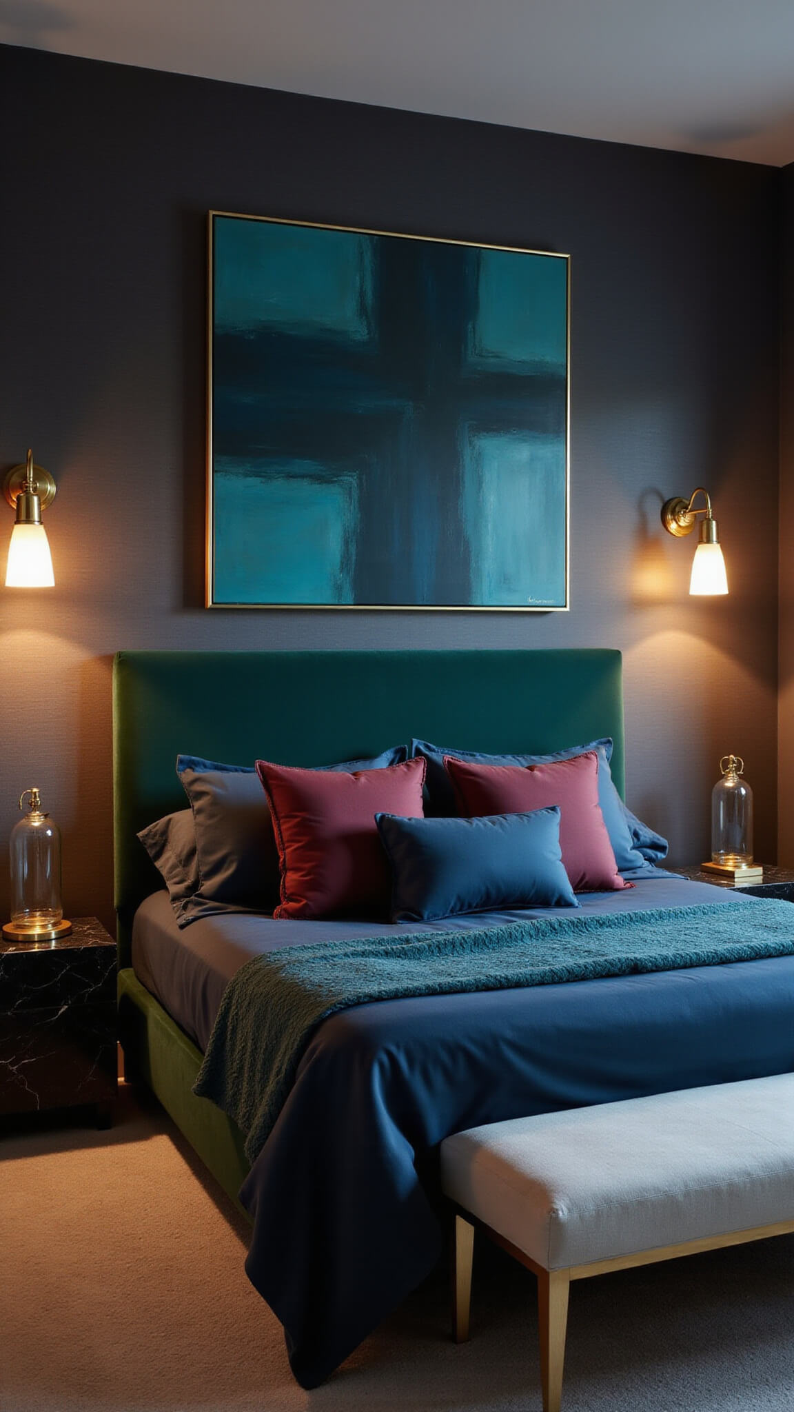 Moody 16x18ft bedroom at dusk with charcoal grasscloth walls, emerald velvet headboard, jewel-toned bedding, and warm antiqued brass lighting.