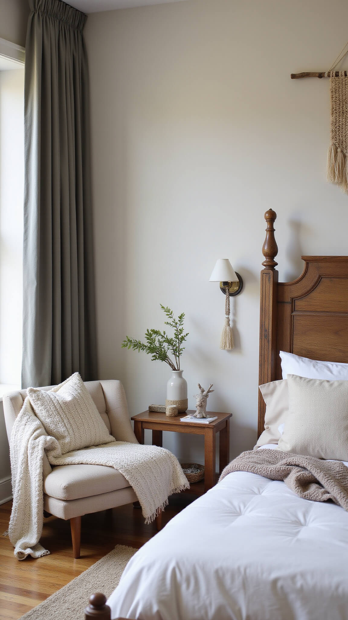 Corner view of cozy 15x15ft bedroom with bouclé chair, chunky knit throw, raw silk curtains, weathered wood bed, cloud-like bedding, and handwoven wall hanging in soft morning light.