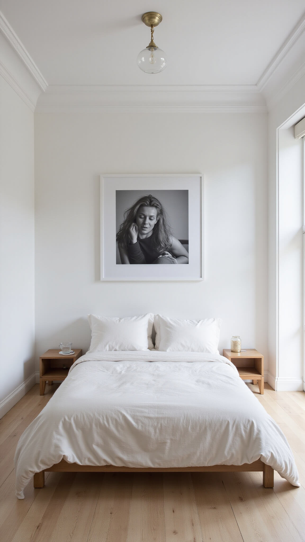 Minimalist 13x15ft bedroom with white walls, pale oak floors, centered platform bed with warm white bedding, black and white photo above, and glass pendant light.