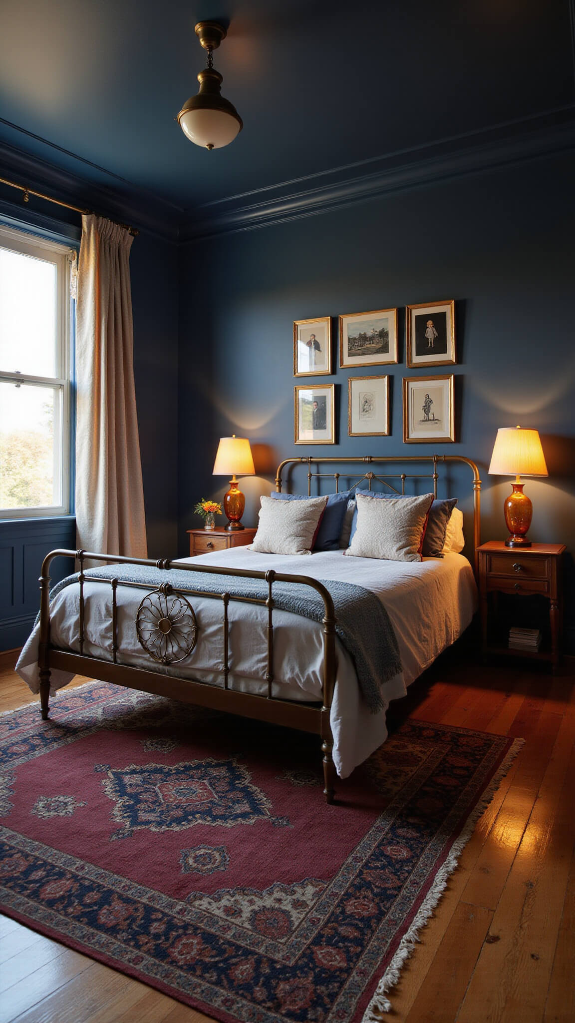 Cozy 11x12ft bedroom with navy walls, vintage brass bed, sunset light through sheer curtains, layered burgundy and indigo rugs, gold-framed gallery wall, and warm amber table lamps.