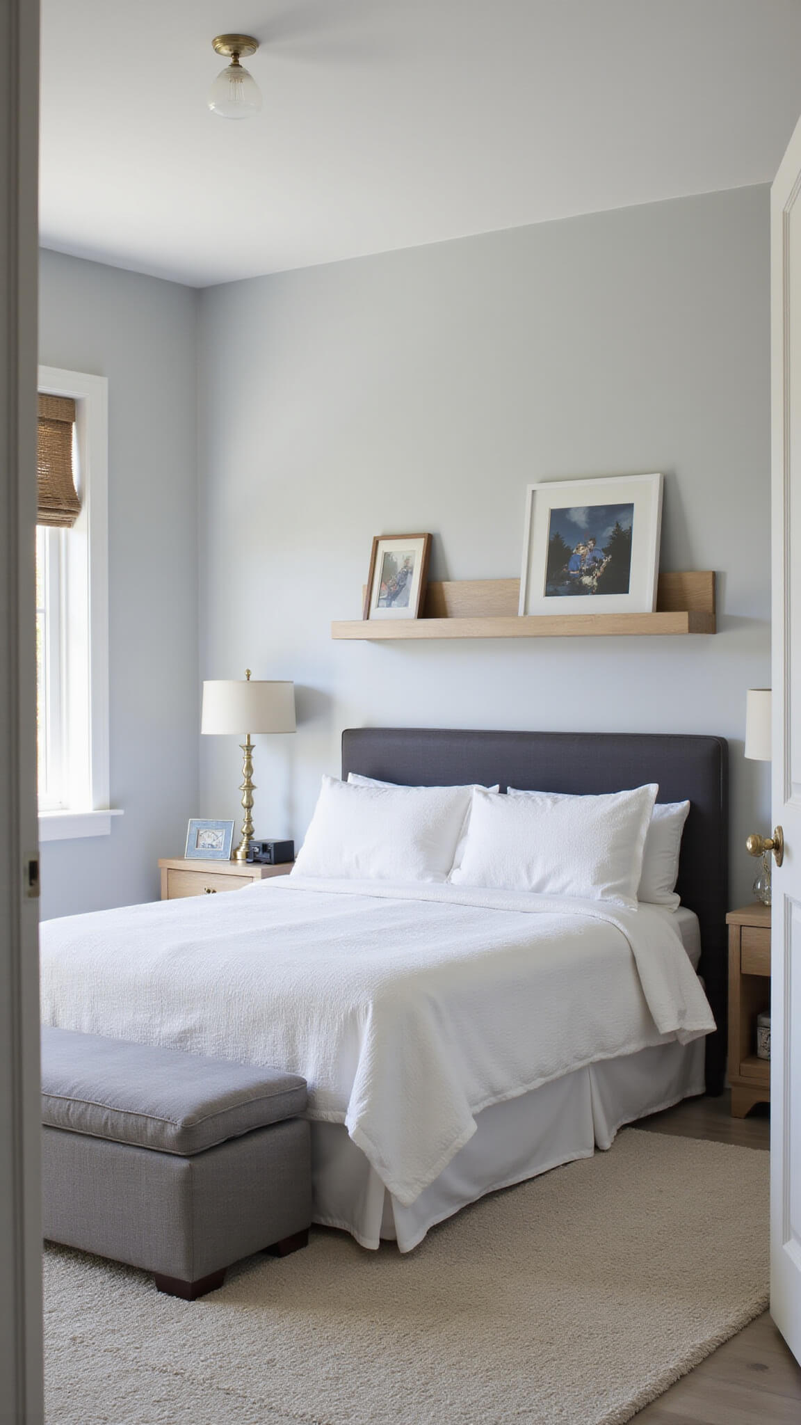 Wide-angle view of a small 10x12ft bedroom with pearl gray walls, white bedding, floating shelves, storage ottoman, floor mirror, and soft uplighting.