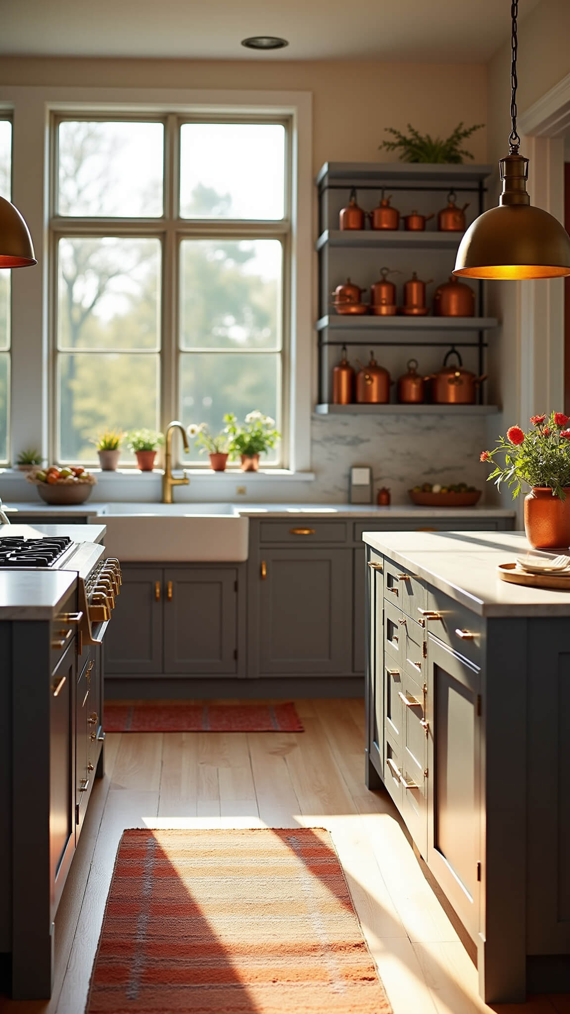 Modern sunlit kitchen at golden hour with burnt orange and indigo linen runners on white oak floors, marble island, brass pendant lights, and copper pots on pegboard wall.