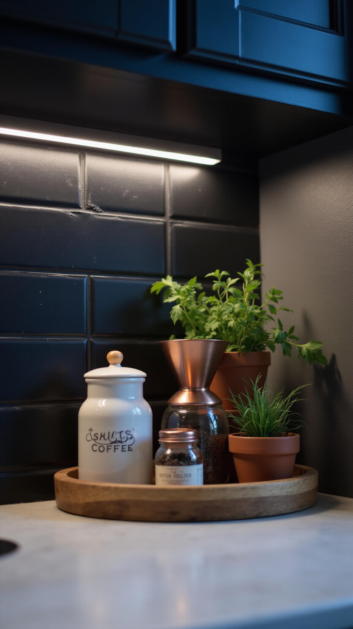 Close-up of a styled kitchen corner at dusk with moody under-cabinet lighting, showcasing ceramic spice jars, a copper pour-over coffee set, and herbs in terracotta pots against matte black subway tiles.