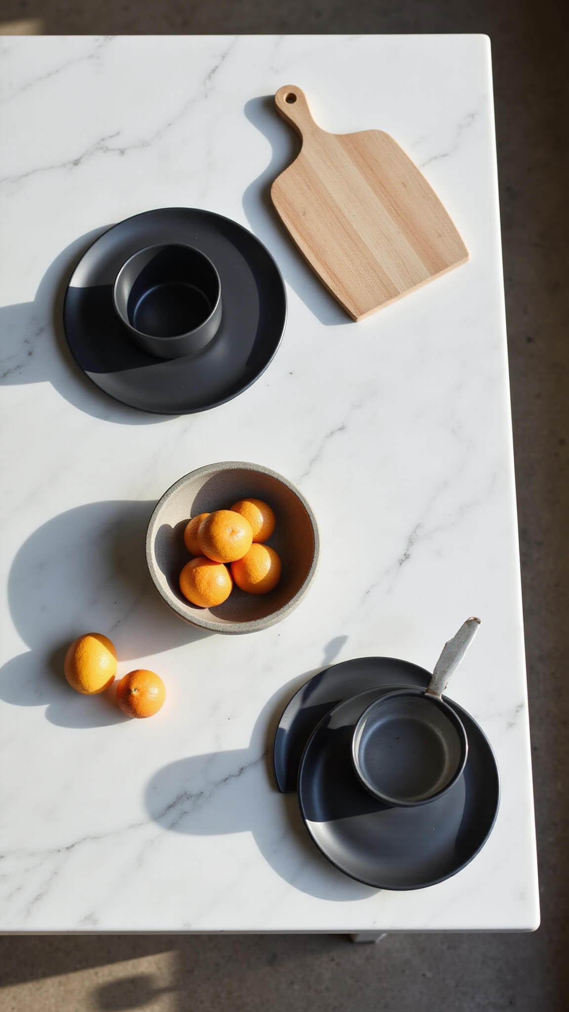 Minimalist Scandinavian kitchen island with geometric design, white marble surface, black ceramics, pale wood boards, and concrete fruit bowl with citrus, seen from above.