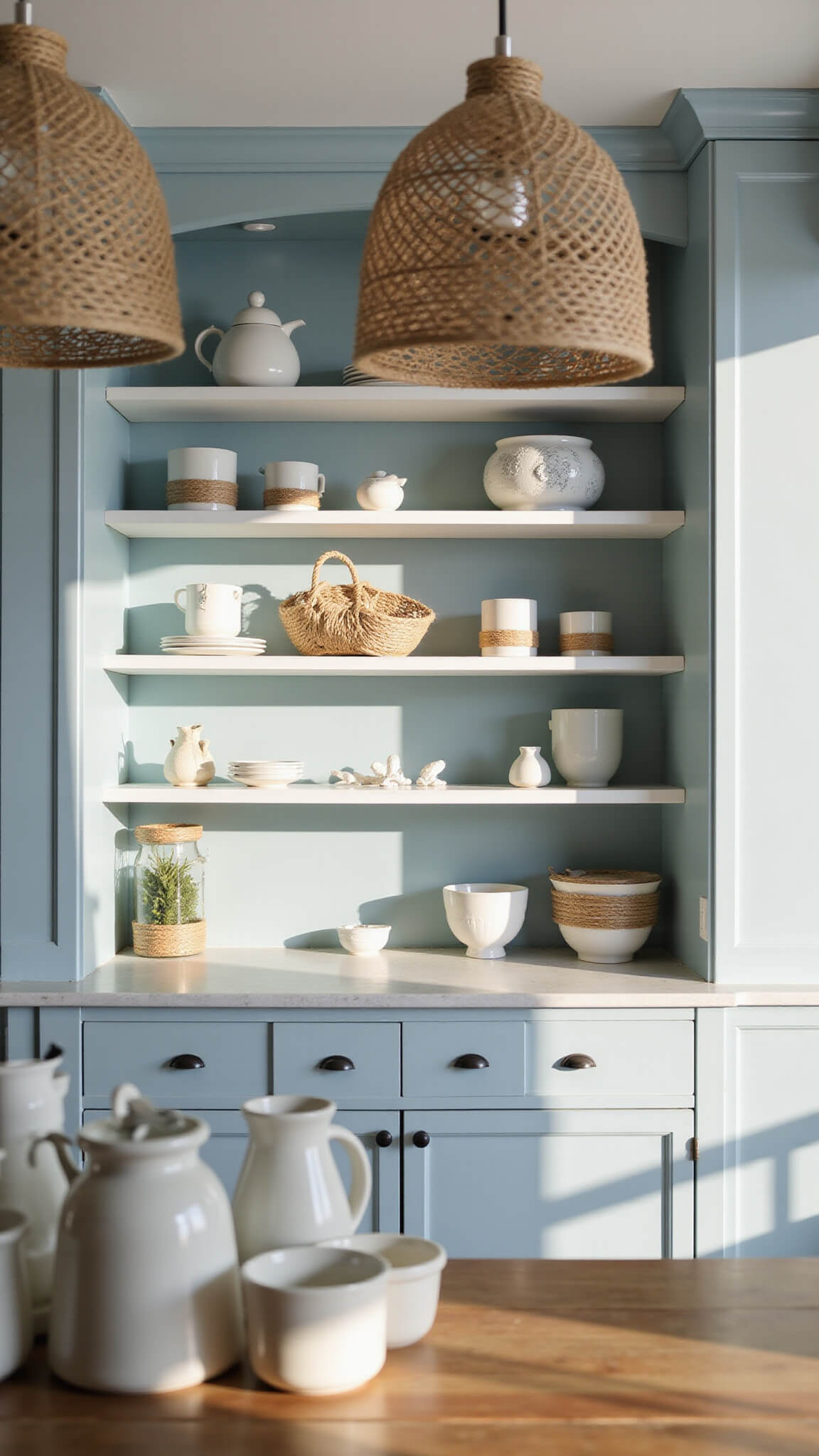 Coastal-style kitchen with open shelving of white ceramics and sea glass, lit by late afternoon sunlight and rattan pendant shadows.