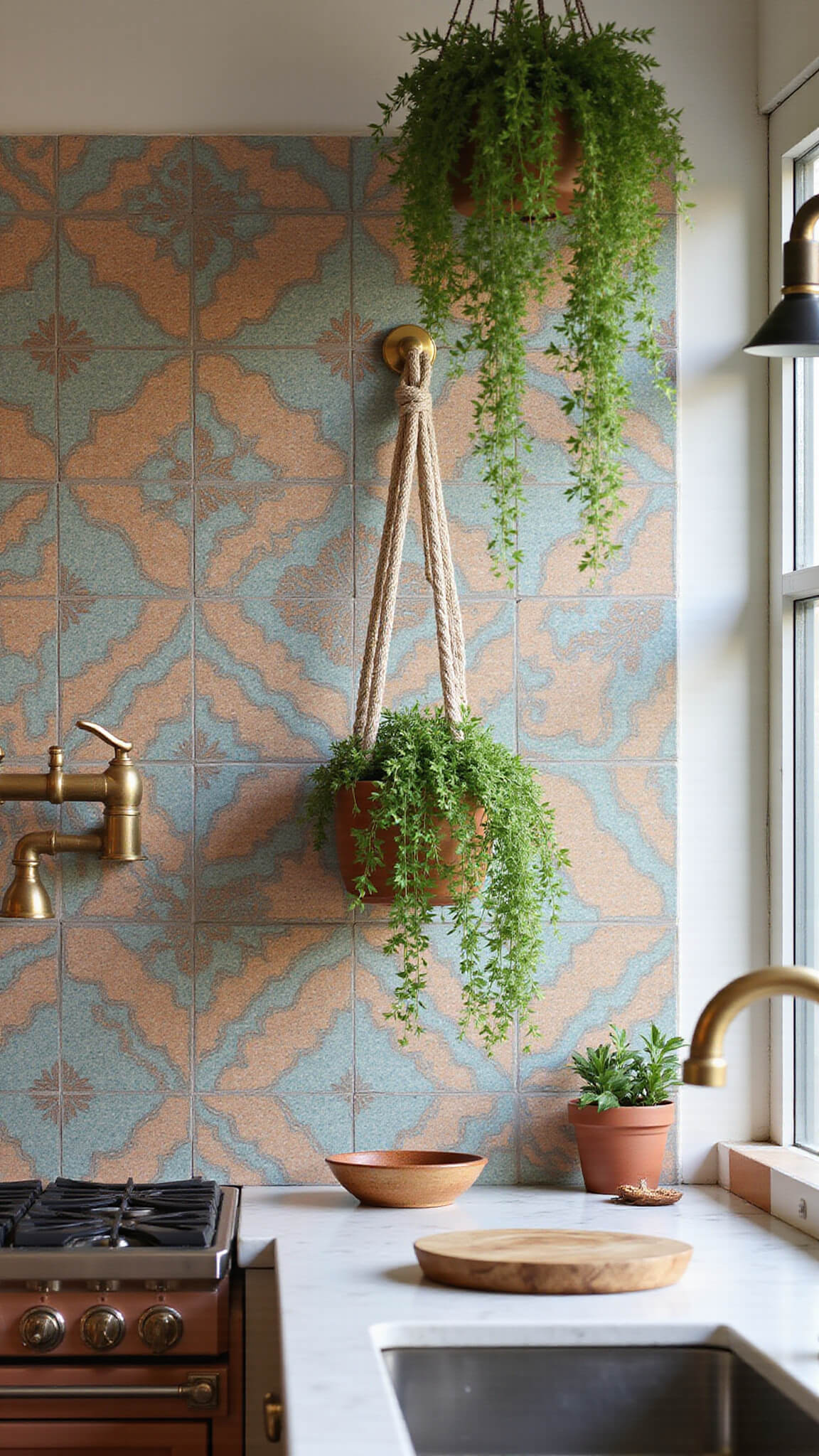 Detail of a modern bohemian kitchen backsplash with jewel-toned Moroccan peel-and-stick tiles, copper fixtures, gold hardware, and cascading hanging plants in macramé holders, lit by midday natural light.