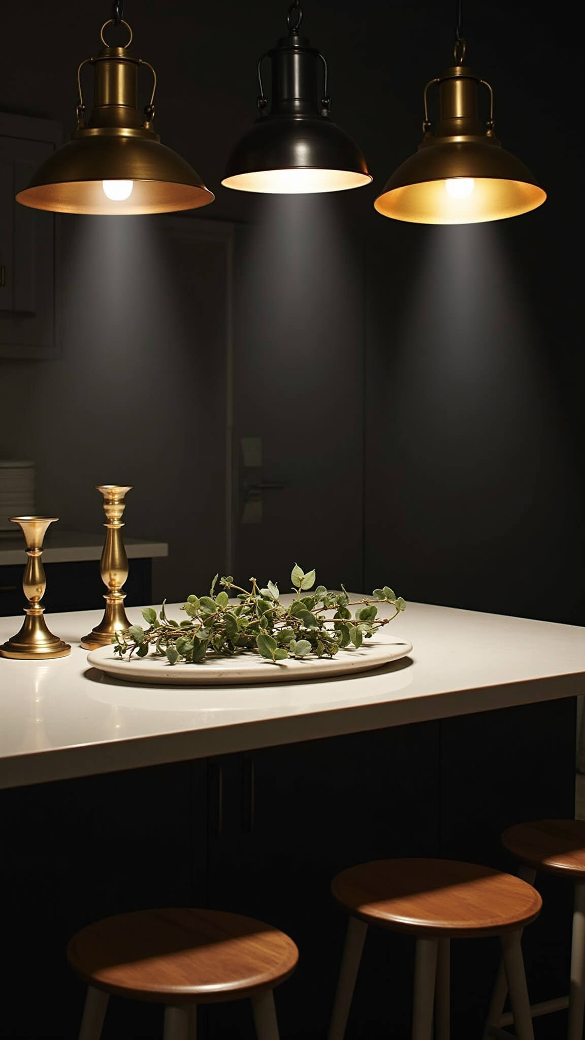 Twilight kitchen with three oversized mixed-metal industrial pendant lights over a 6ft island, styled with vintage brass candlesticks, marble cheese boards, and eucalyptus, in a dark moody setting with dramatic spotlighting.