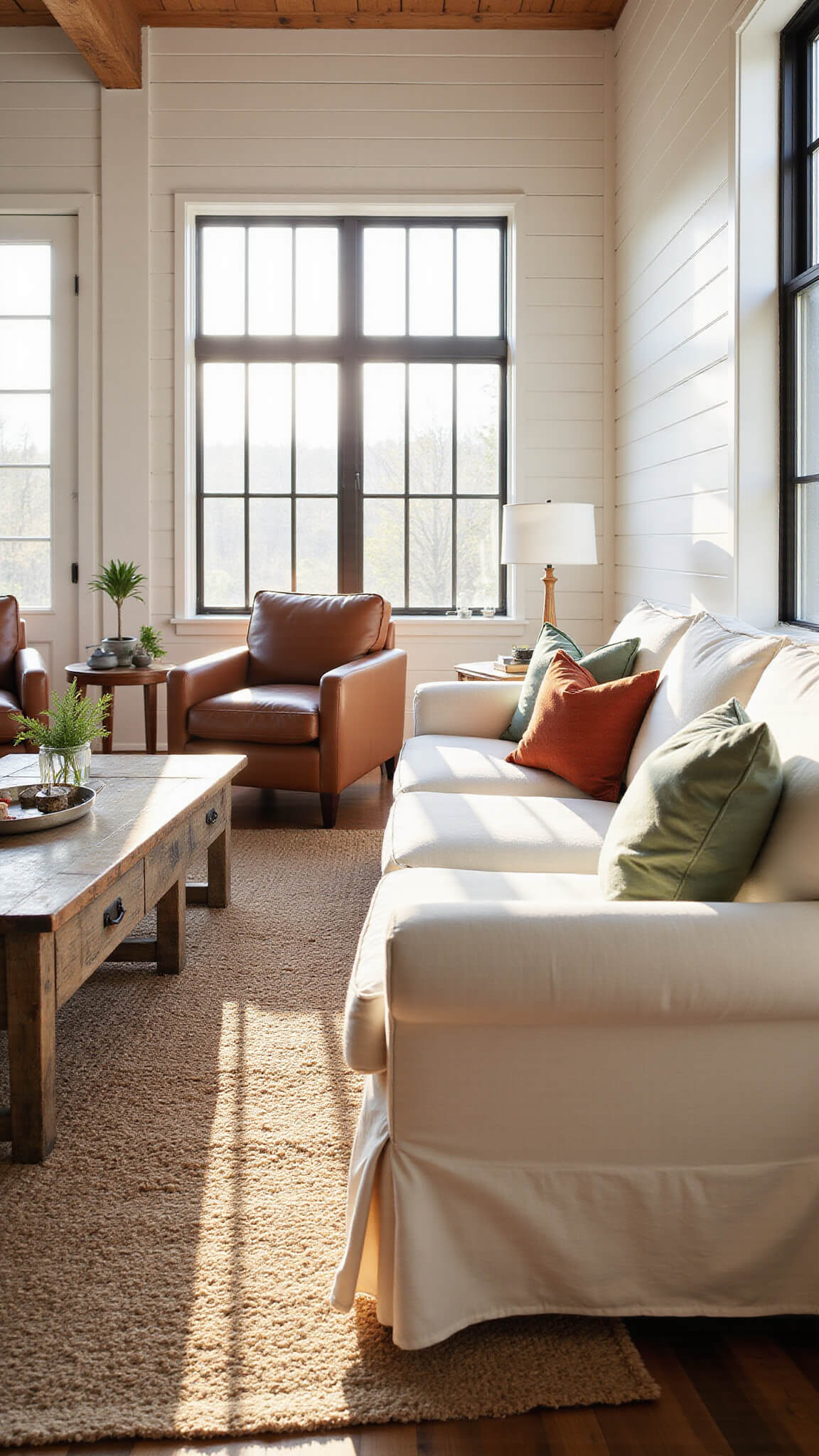 Sunlit farmhouse living room with cream sofa, leather chairs, rustic coffee table, and layered rugs beneath exposed beams and shiplap walls.
