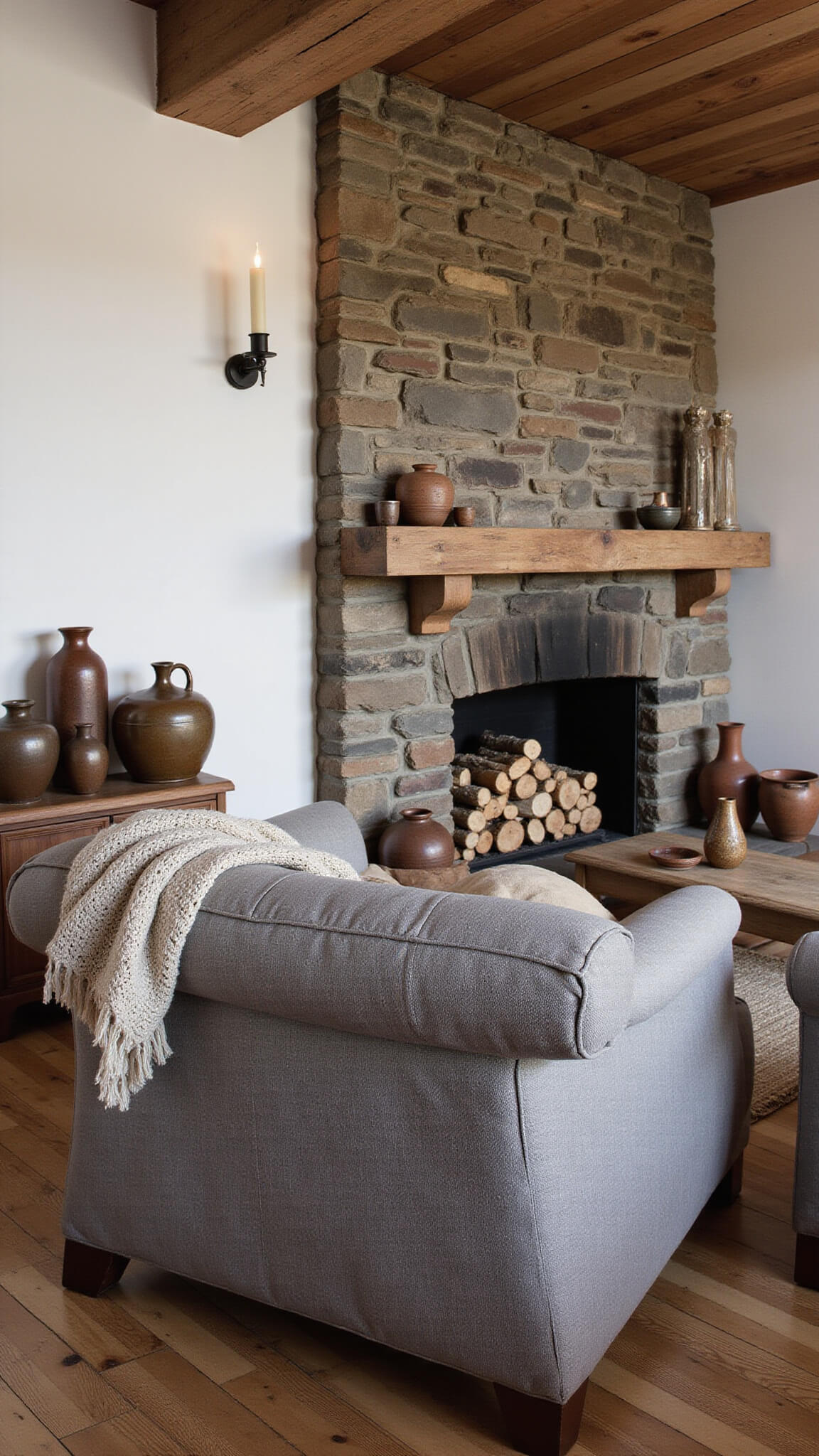 Rustic living room with stone fireplace, copper accents, gray armchair with wool throw, and antique pottery under wooden ceiling beams.