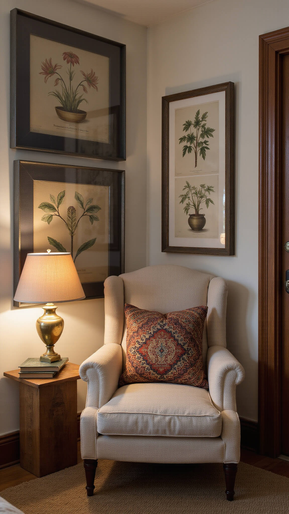 Cozy dusk-lit living room corner with beige wingback chair, vintage botanical prints, antique books on raw wood table, and warm uplighting accentuating layered textures and kilim pillows.