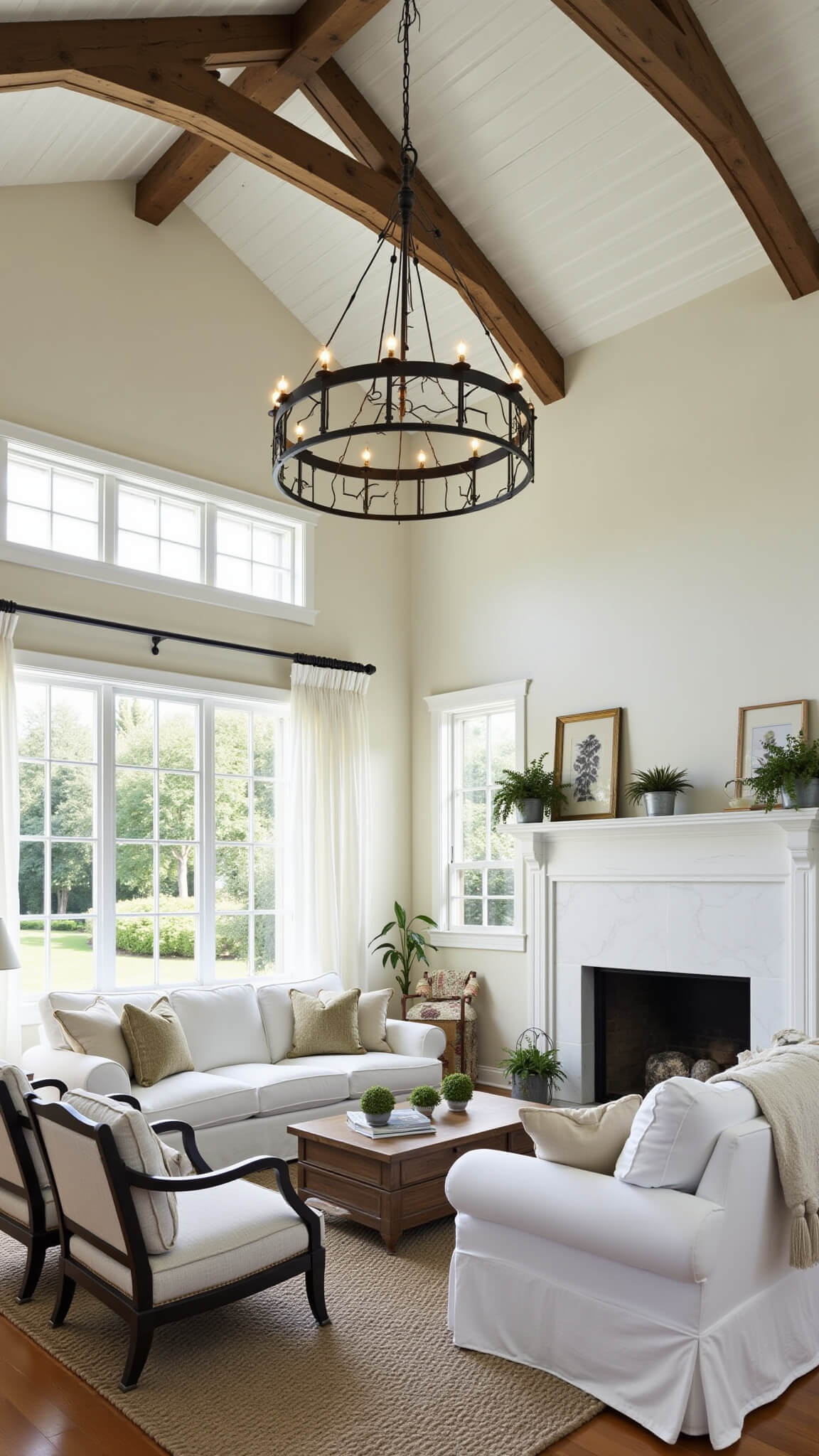 Great room with cathedral ceilings, reclaimed wood beams, and a white slipcovered sectional under an iron chandelier, styled with vintage textiles and industrial accents.