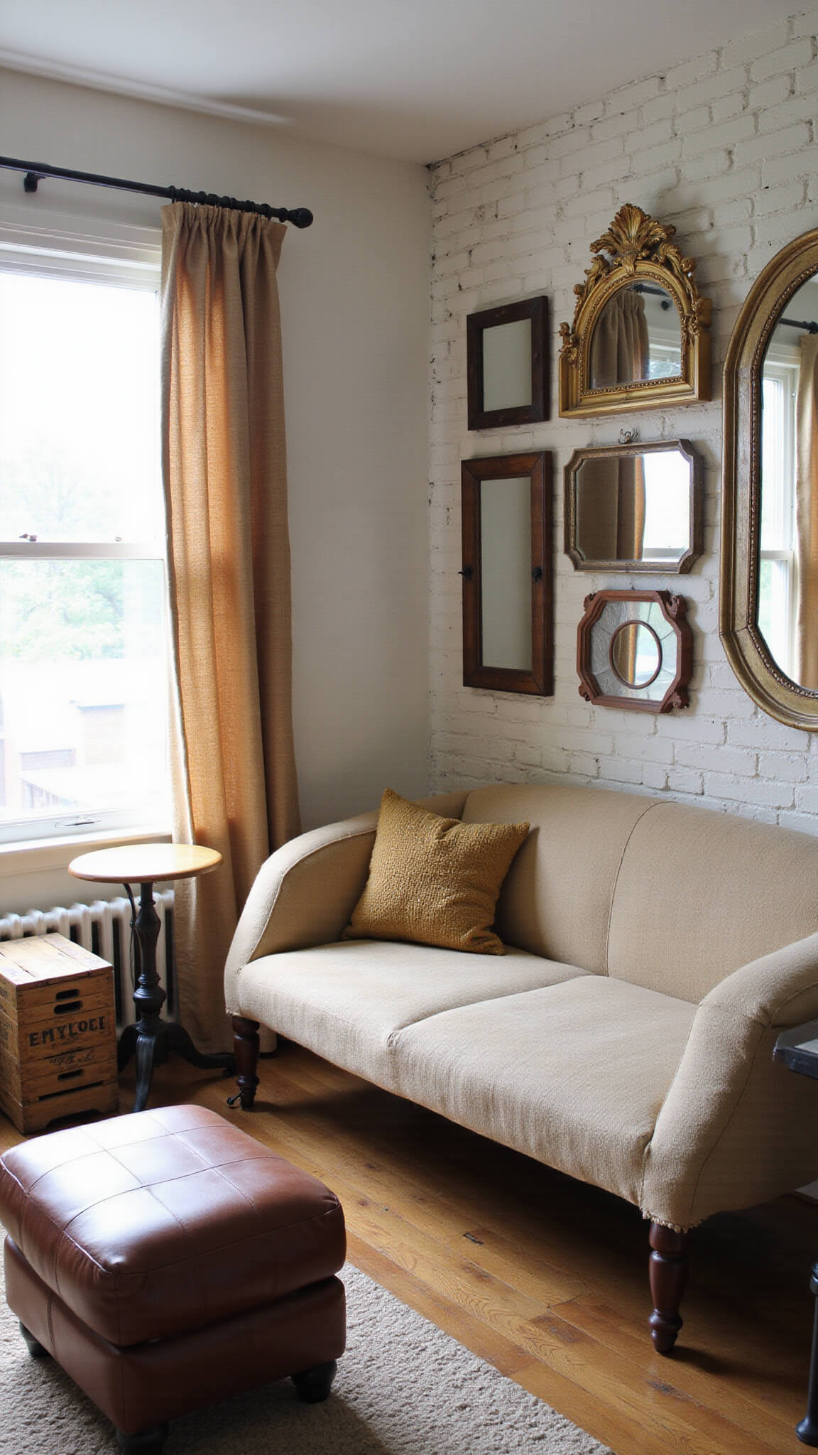 Cozy 12x14ft sitting room at blue hour with linen curtains, oatmeal loveseat, leather ottoman, vintage crate side tables, and antique mirrors on painted brick walls.