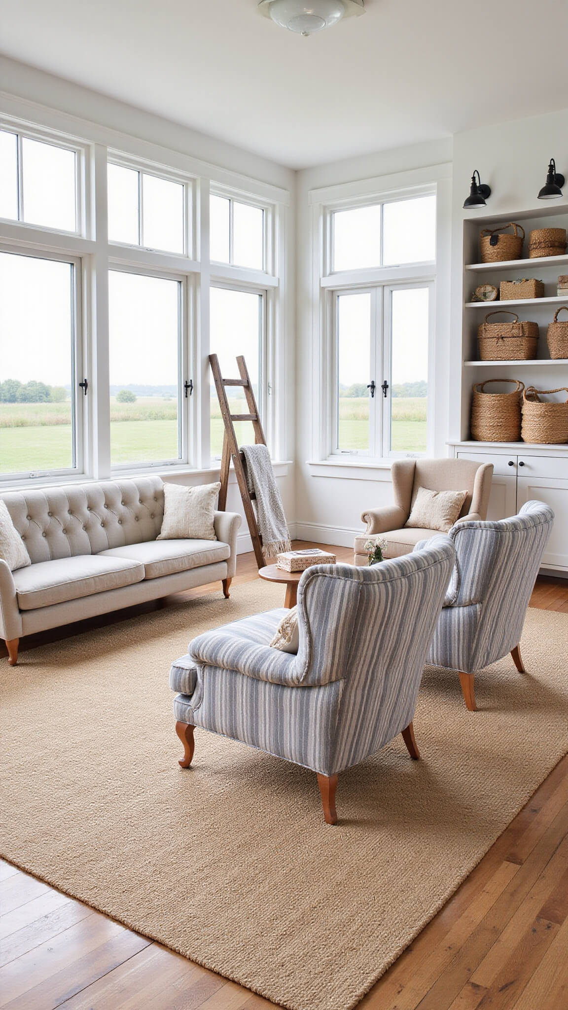 Bright, sunlit living room with large windows, jute rug over hardwood floors, mixed seating including a tufted linen sofa and striped wingbacks, vintage ladder with throws, woven baskets on shelves, and black industrial sconces against soft white walls.