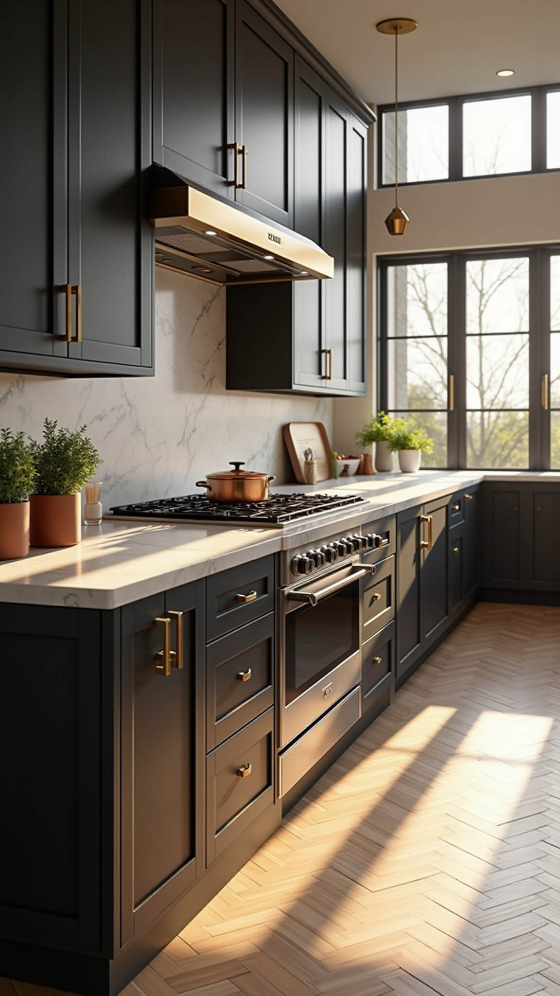 Modern kitchen with dark Shaker cabinets, Calacatta marble countertops, white oak herringbone floors, and brass accents lit by golden hour sunlight.