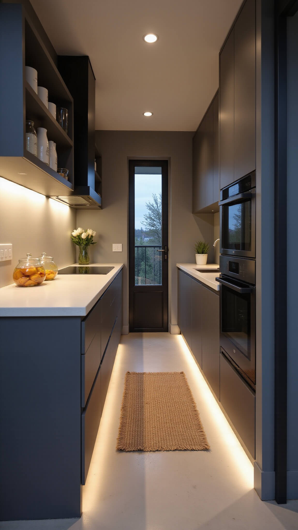 Modern graphite grey galley kitchen with cream countertops, open shelving, and soft LED lighting at dusk.