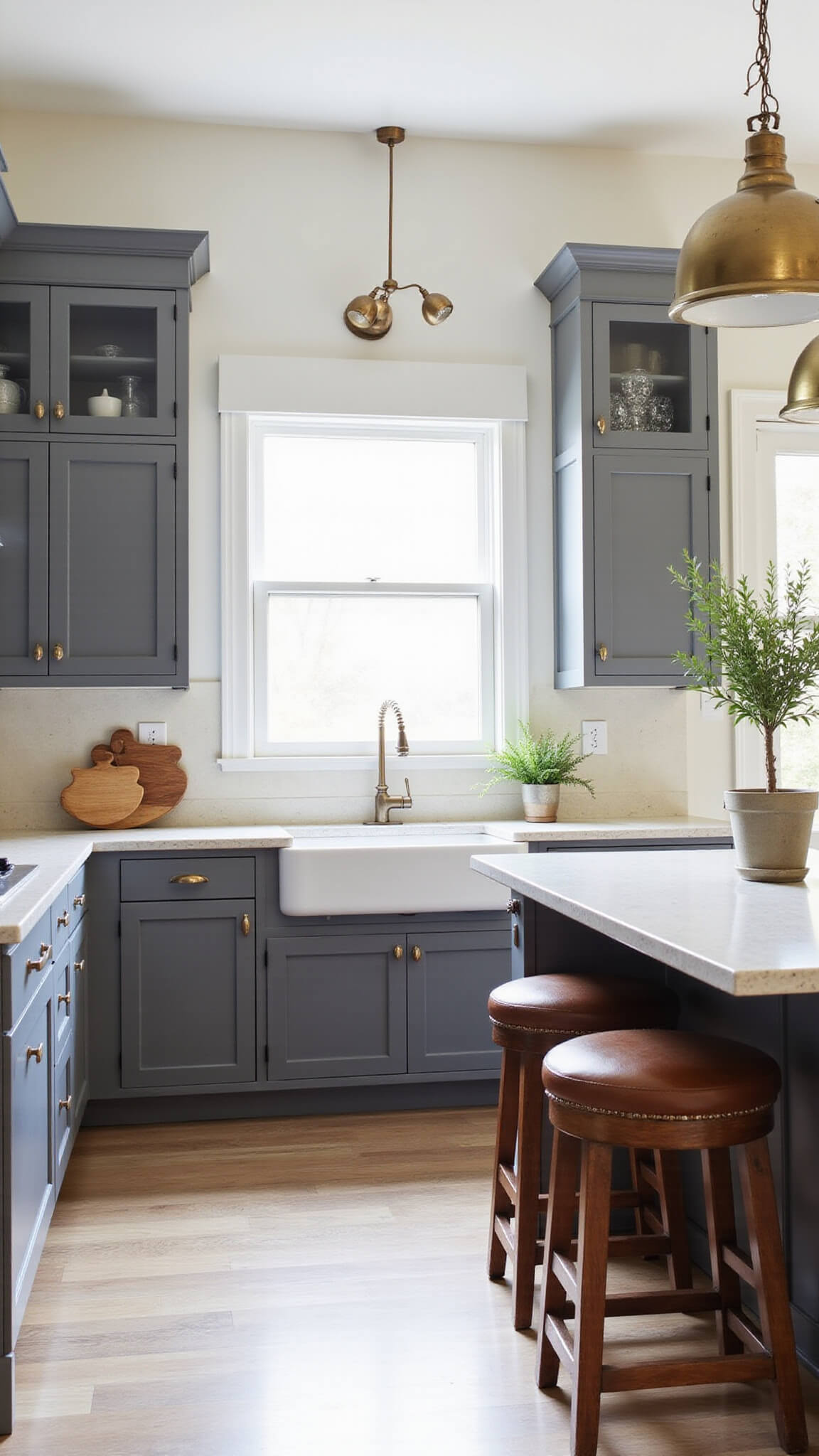 Transitional L-shaped kitchen with storm grey Shaker cabinets, cream quartz countertops, farmhouse sink, brass pendant lights, and leather barstools under natural and soft lighting.