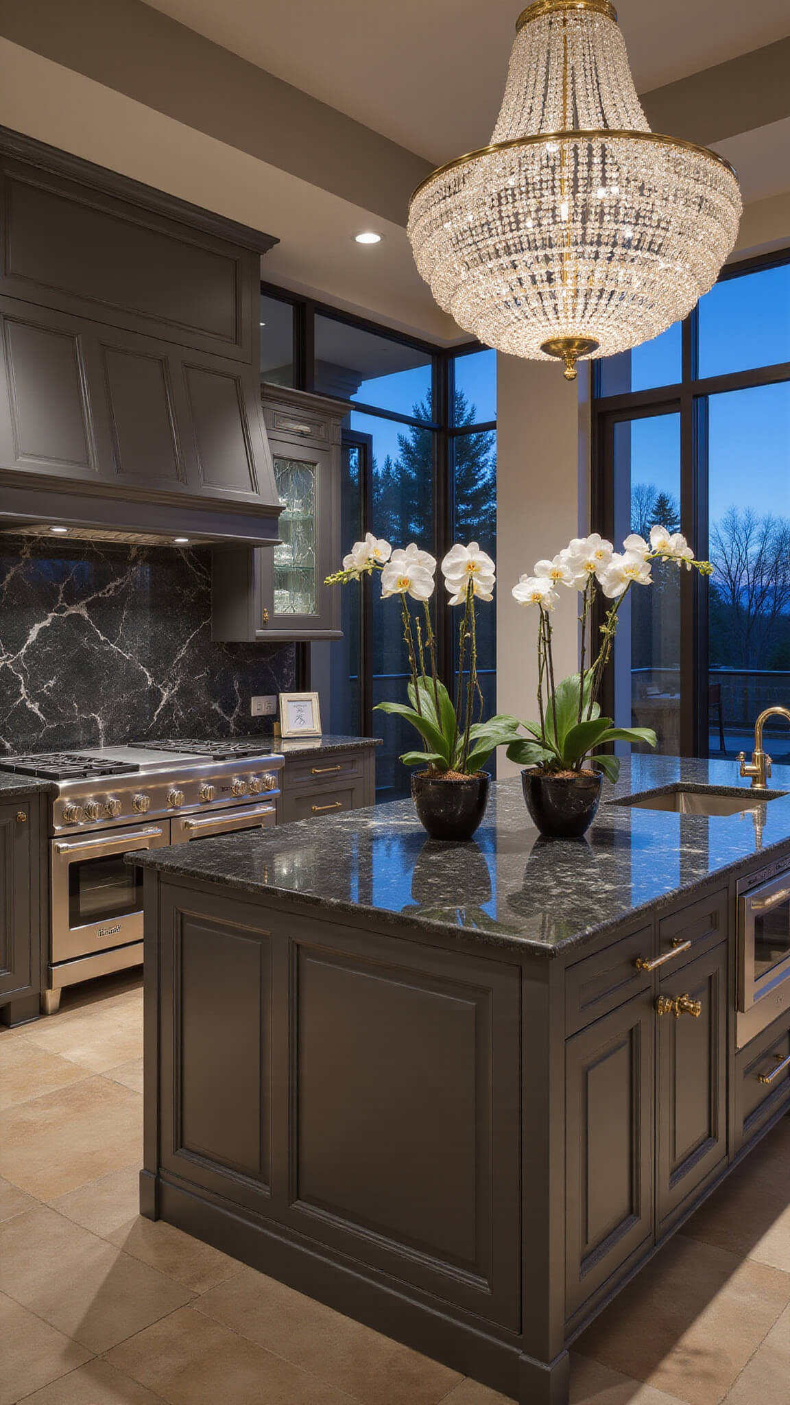 Luxurious open-concept kitchen with dark pewter cabinets, black marble backsplash, crystal chandelier over large island, and elegant mixed metal accents.
