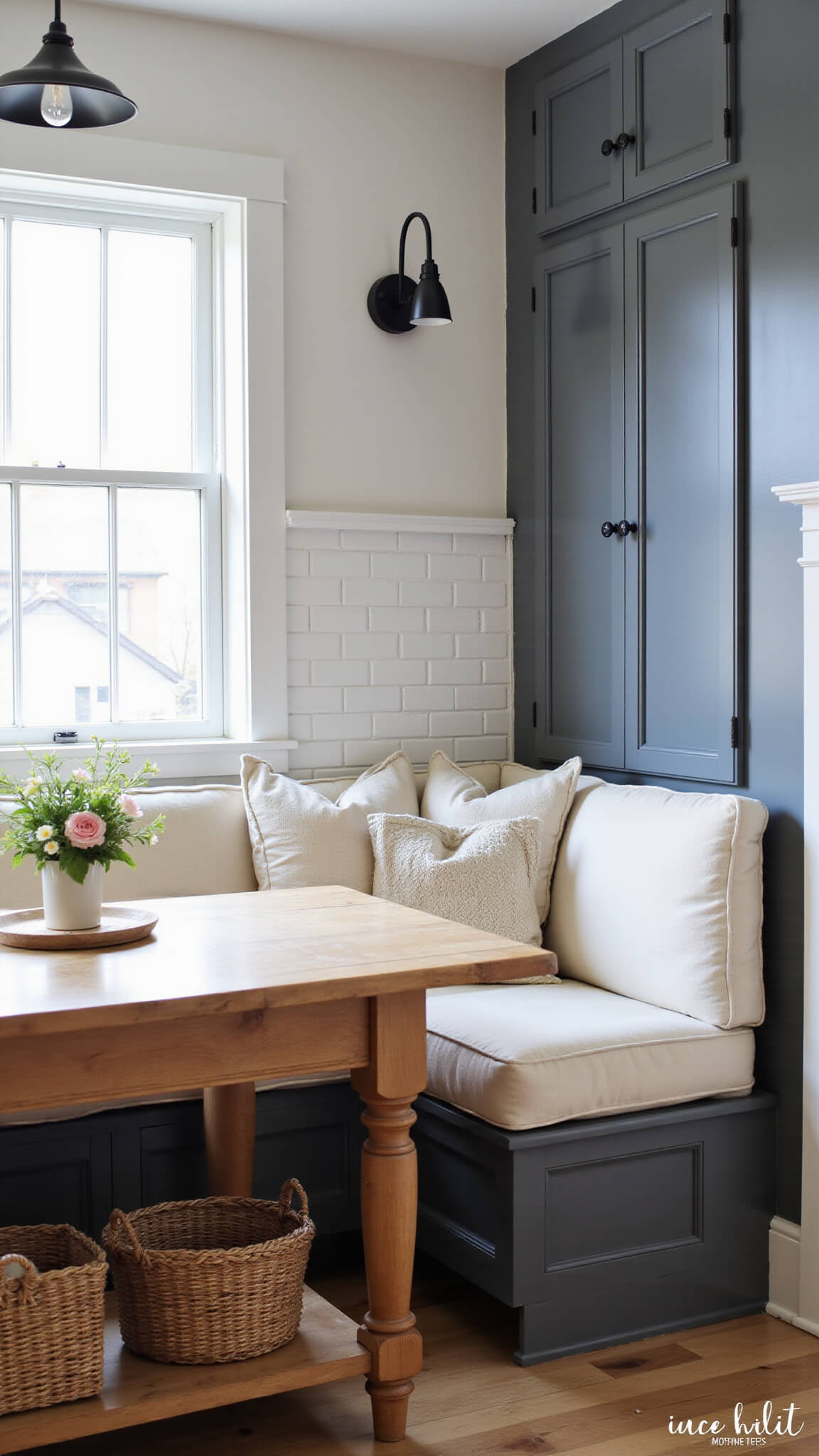 Cozy breakfast nook with cream linen banquette, charcoal grey cabinets, butcher block island, white subway tile, and soft morning lighting.