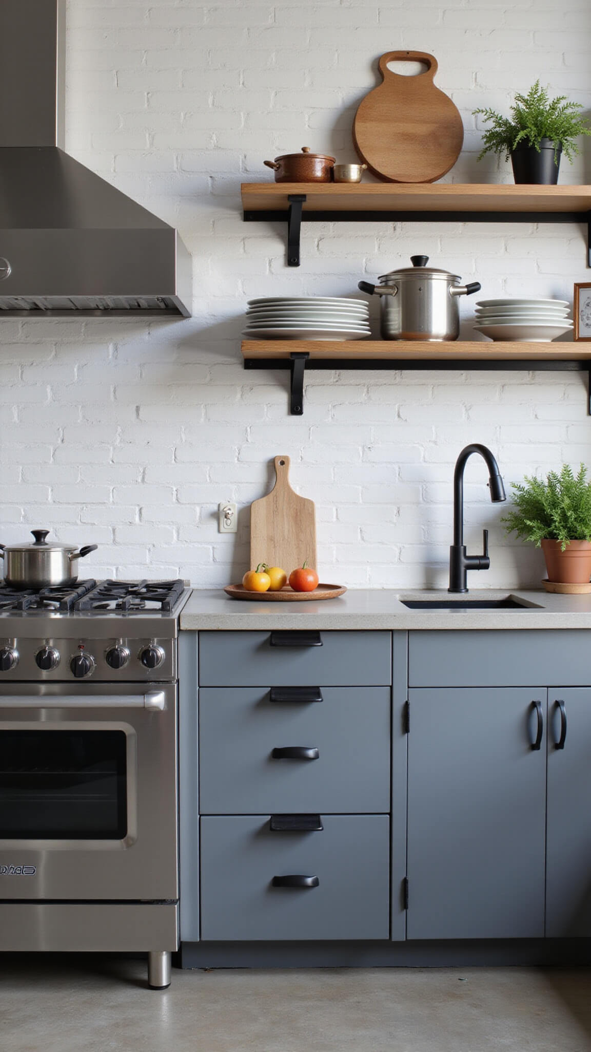 Modern industrial kitchen with slate grey cabinets, concrete countertops, white painted brick wall, stainless steel appliances, and open metal shelving, styled with cookware and potted herbs.