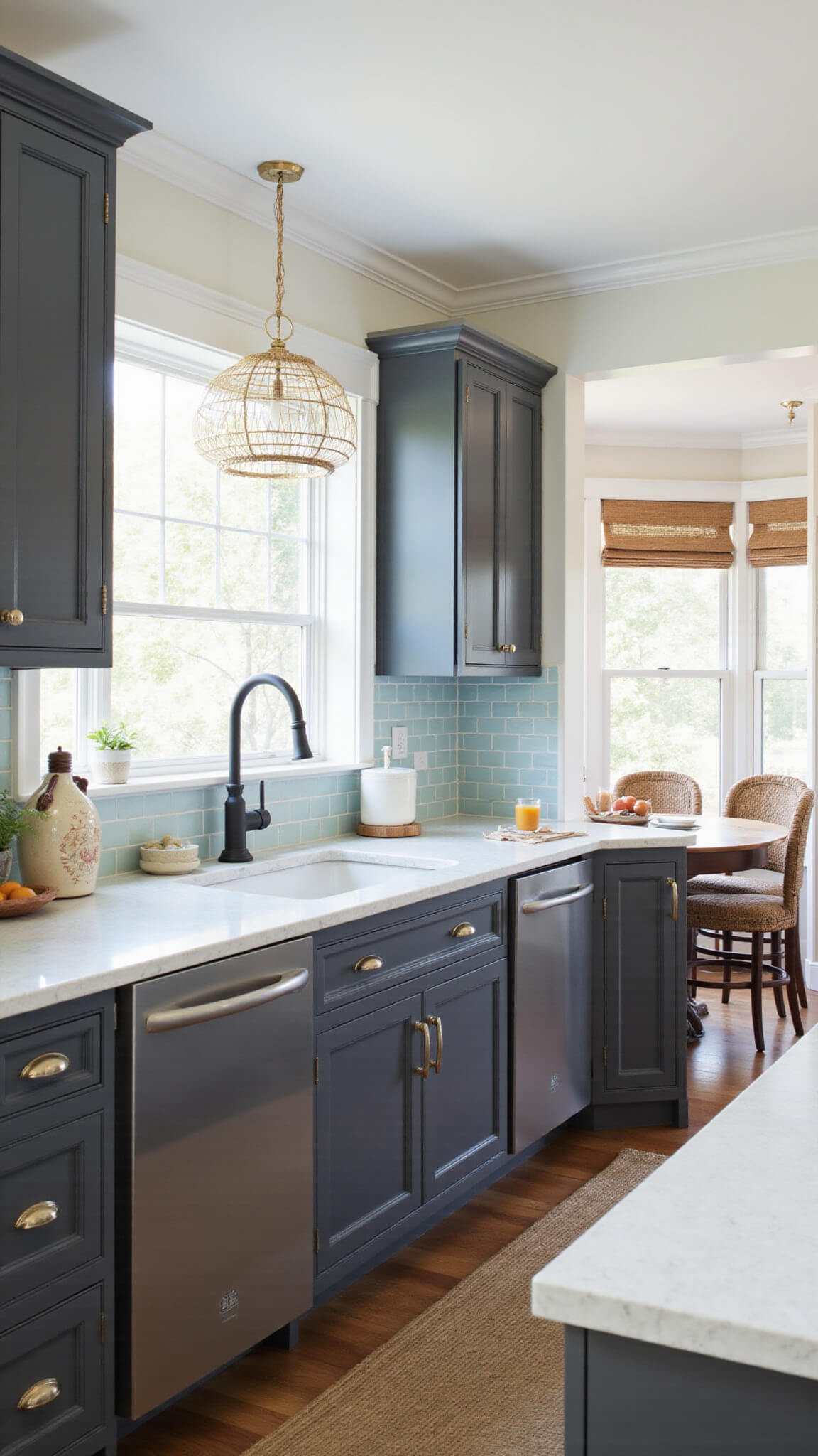 Coastal kitchen with battleship grey cabinets, white quartzite counters, pale blue tile backsplash, rope pendant lights, rattan barstools, and driftwood accents in natural afternoon light.