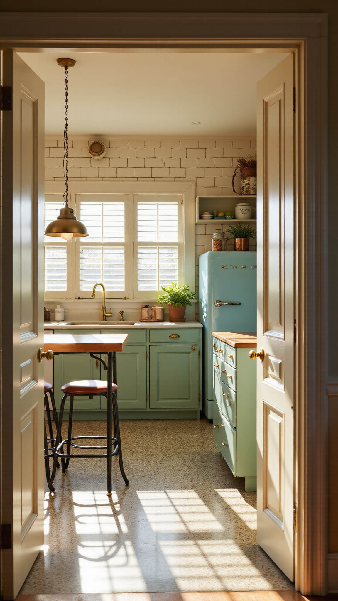 Vintage modern kitchen with sage green cabinets, powder blue Smeg fridge, terrazzo floor, and warm golden hour lighting.