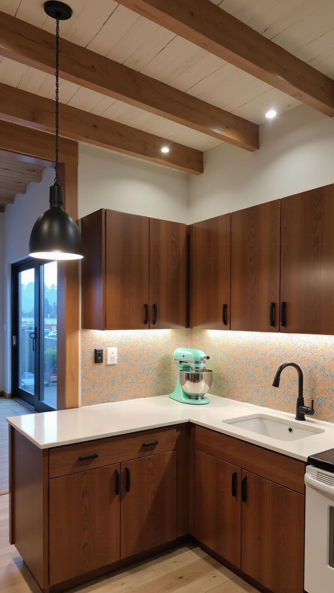 Low-angle view of L-shaped kitchen with exposed wooden beams, mid-century pendant lights, walnut cabinets, white quartz countertops, and retro mint green appliances against geometric wallpaper.