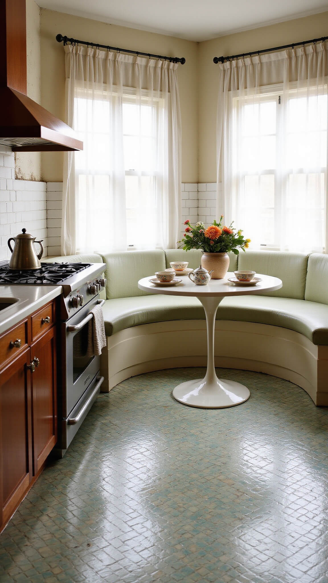 Cozy 1960s-style kitchen with seafoam and cream mosaic tile floor, curved breakfast nook, Tulip table, white brick walls, cherry wood cabinets, copper range hood, and soft morning light through sheer curtains.