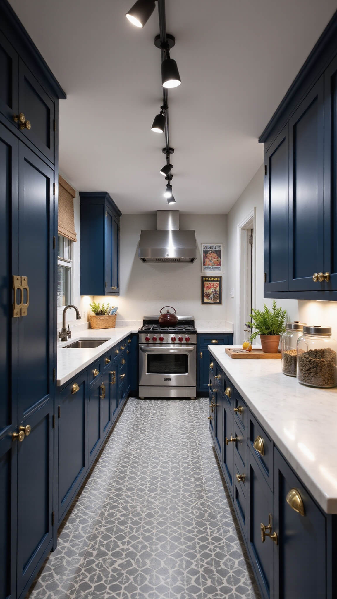 Overhead view of a twilight-lit galley kitchen with navy vintage cabinets, white marble countertops, patterned cement tile floor, and retro stainless steel appliances.