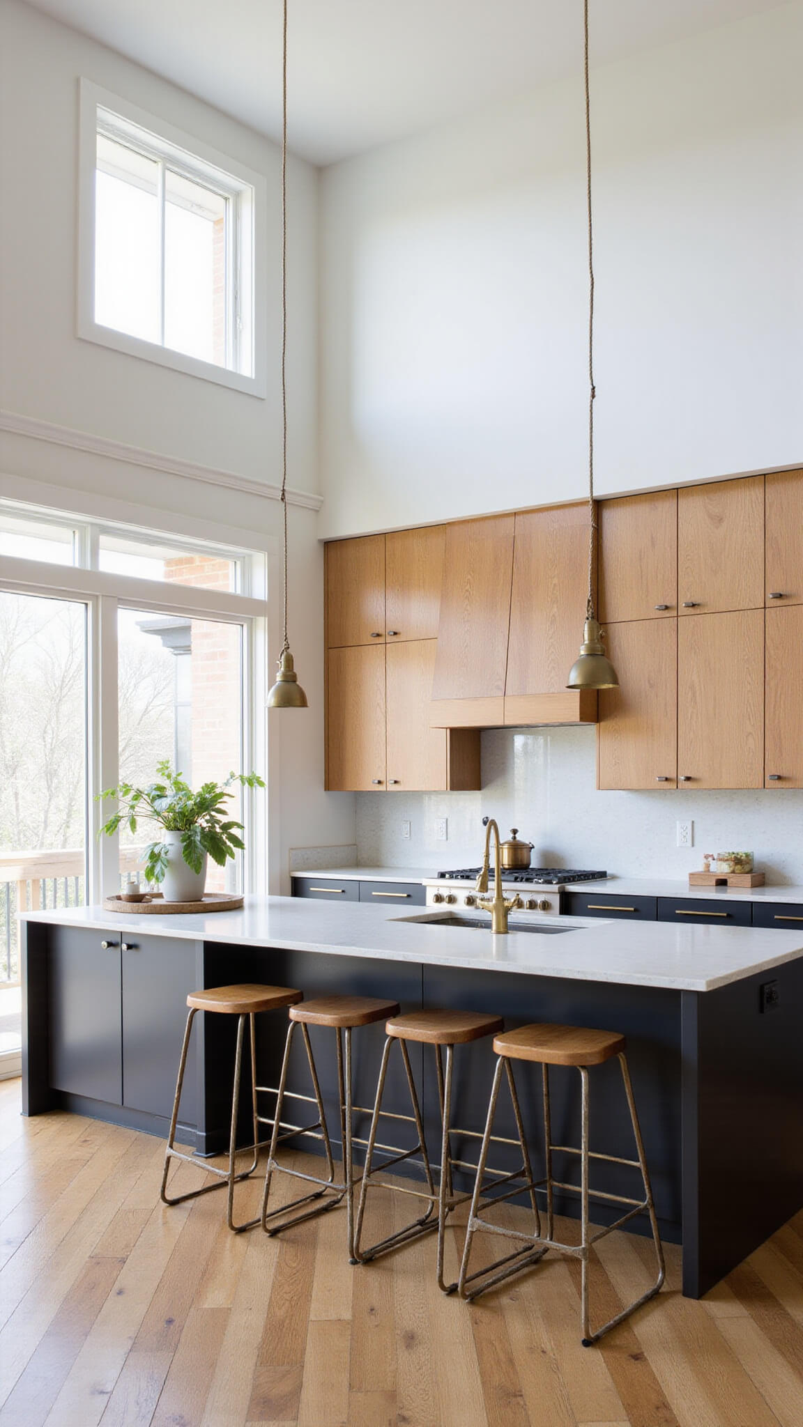 Open-concept kitchen with natural light, two-tone cabinets, waterfall quartz island, vintage stools, and brass accents.