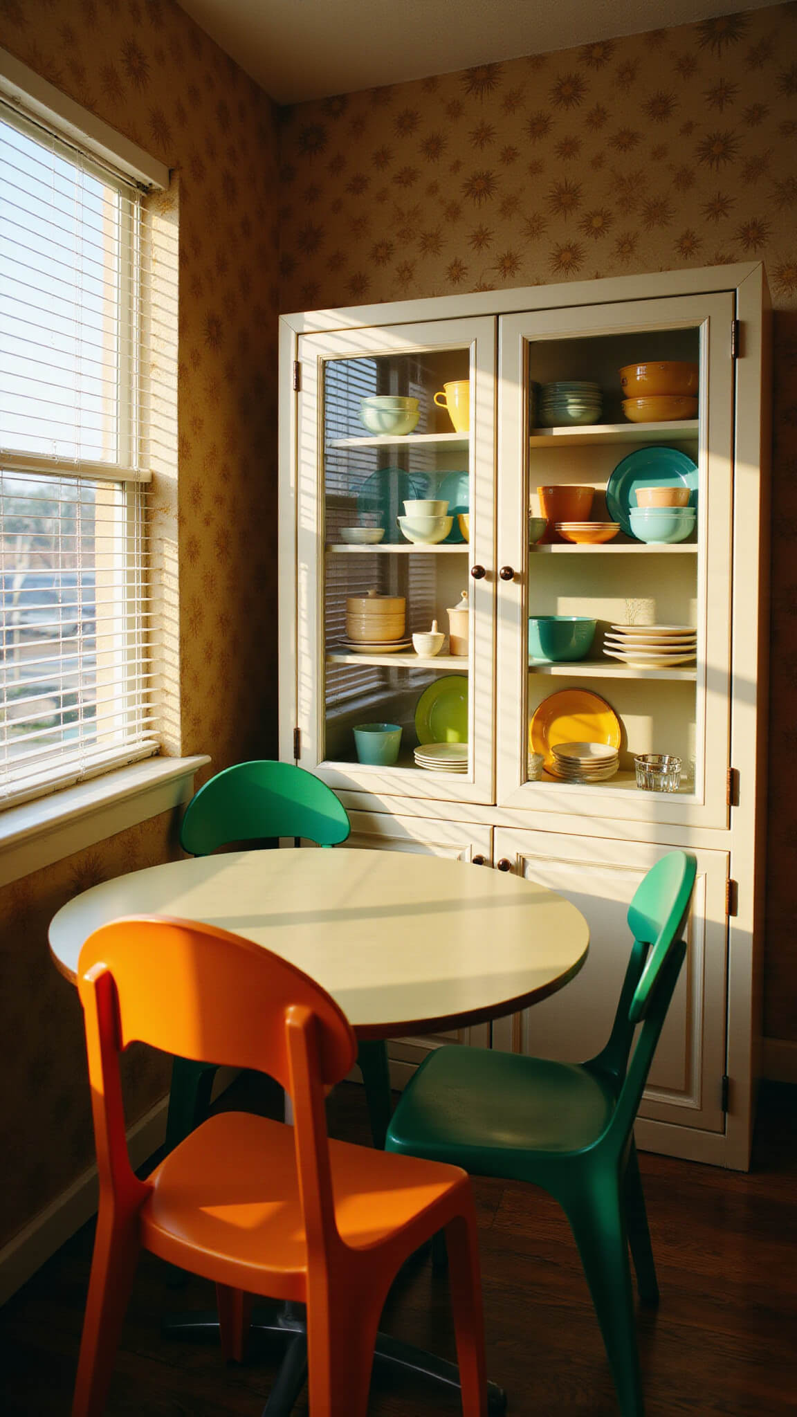 Vintage breakfast nook at sunrise with Formica table, vinyl chairs, rainbow Pyrex in glass cabinets, starburst wallpaper, and sunlight casting shadows through blinds.