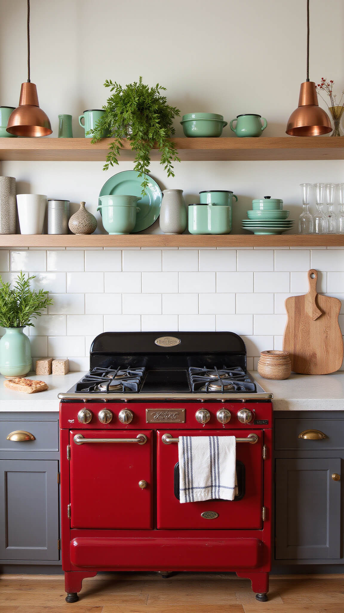 Close-up of vintage cherry red range in kitchen with white subway tile, open shelves with enamelware and Jadeite, concrete counters, copper lighting, and fresh herbs.