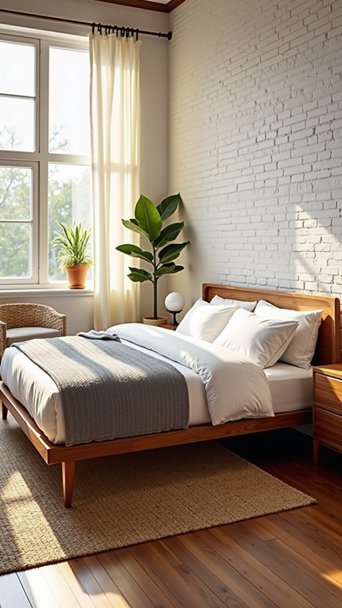 Sunlit master bedroom with mid-century modern walnut king bed, white brick accent wall, and floor-to-ceiling windows casting golden hour light.