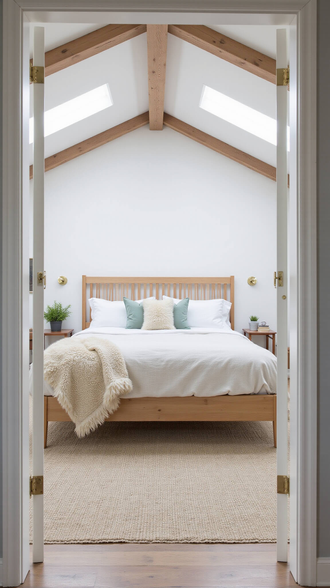 Minimalist Scandinavian-style bedroom with light pine spindle king bed centered on cream Moroccan rug, vaulted ceiling with exposed beams, soft morning light from skylights, and neutral palette with sage and brass accents.