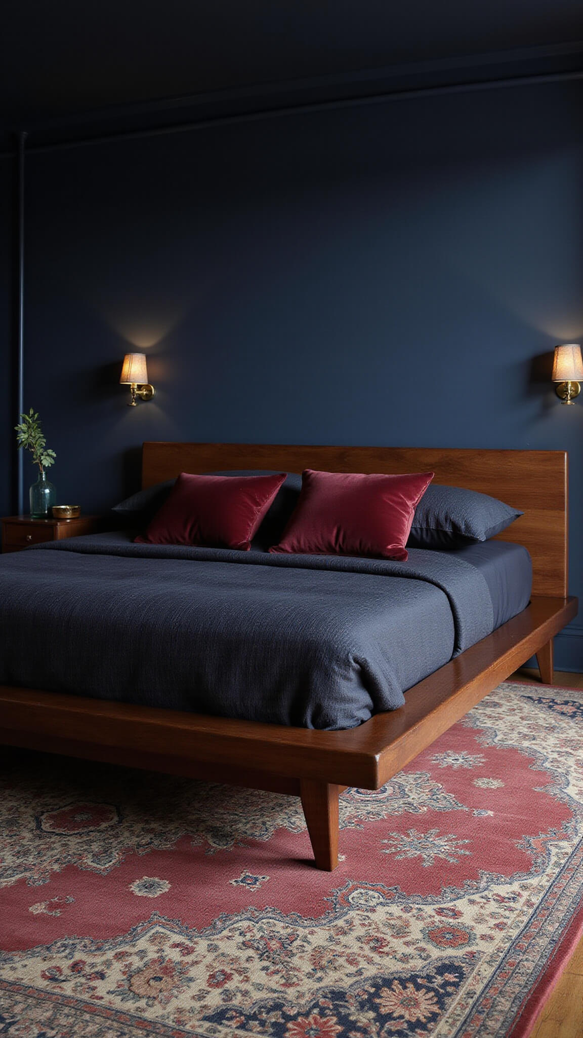 Moody evening bedroom with walnut mid-century bed, navy accent wall, brass sconces, charcoal and burgundy bedding, and vintage Persian rug.