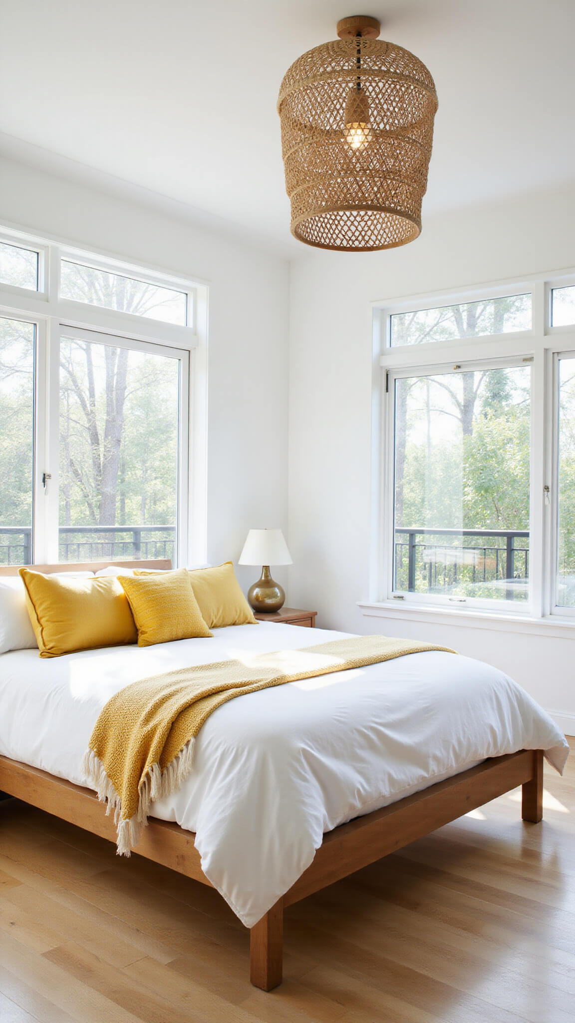 Light-filled coastal modern bedroom with teak platform bed, mustard yellow accents, rattan pendant light, and pale oak flooring.