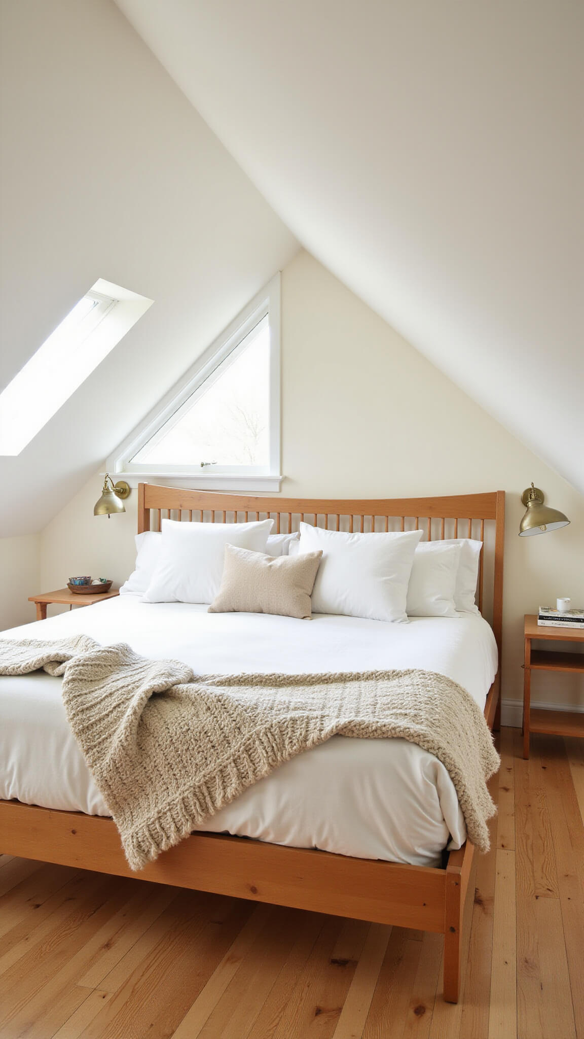 Cozy attic bedroom with sloped ceiling, maple spindle bed, white bedding, chunky knit throws, and dormer windows letting in morning light.