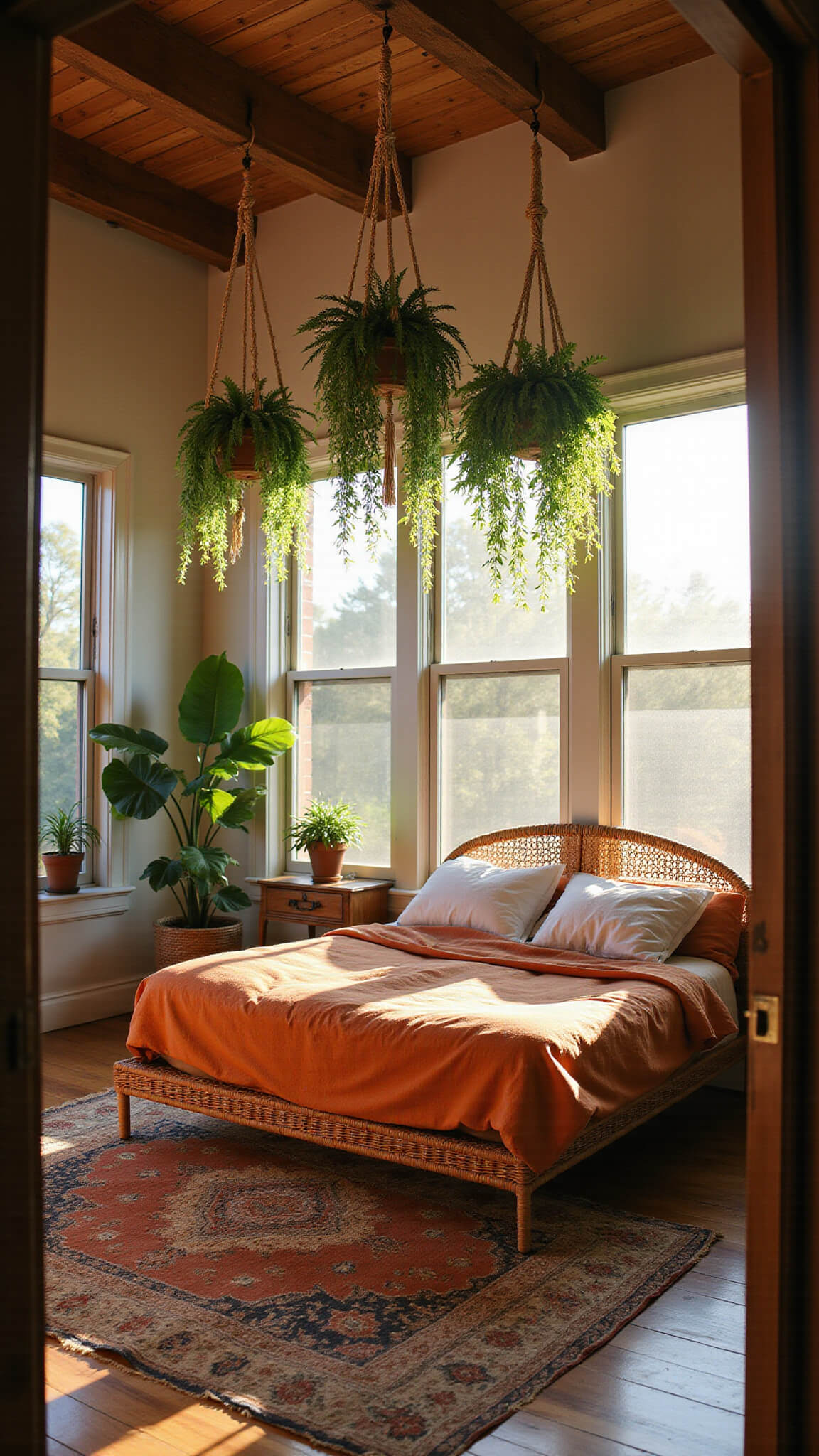 Sunlit boho bedroom with rattan bed, macrame plant hangers, and vintage rugs viewed from doorway at golden hour.