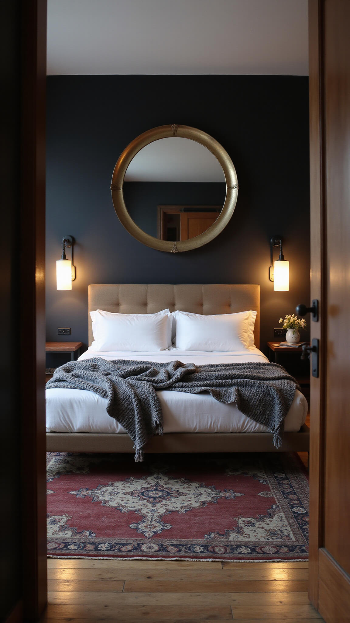 Minimalist luxe urban bedroom with matte black accent wall, white platform bed, industrial sconces, factory mirror, vintage rug, and moody dusk lighting.